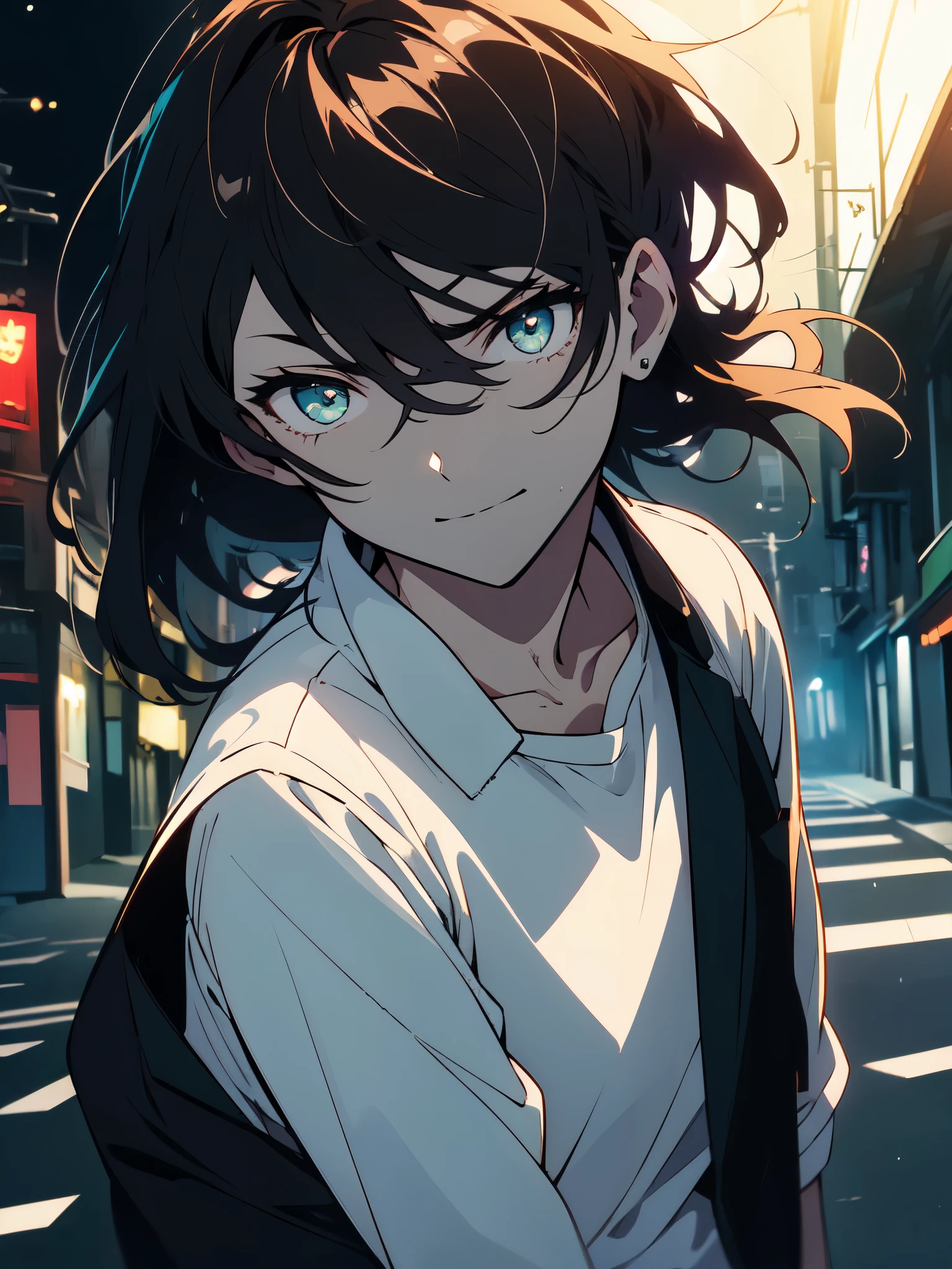 (masterpiece, highest quality)、(shining eyes), ((One young man)),(cool boy)、(dark brown hair,inner color)、Sea green eyes,serious expression, wicked smile,Upper body,line drawing,Unkempt short hair、messy hair、(messy hair、medium hair),white blazer,black t-shirt,expressionless eyes,((beautiful animeスタイル))、(dark and serious background),(dark back alley)、(downtown at night)、beautiful anime