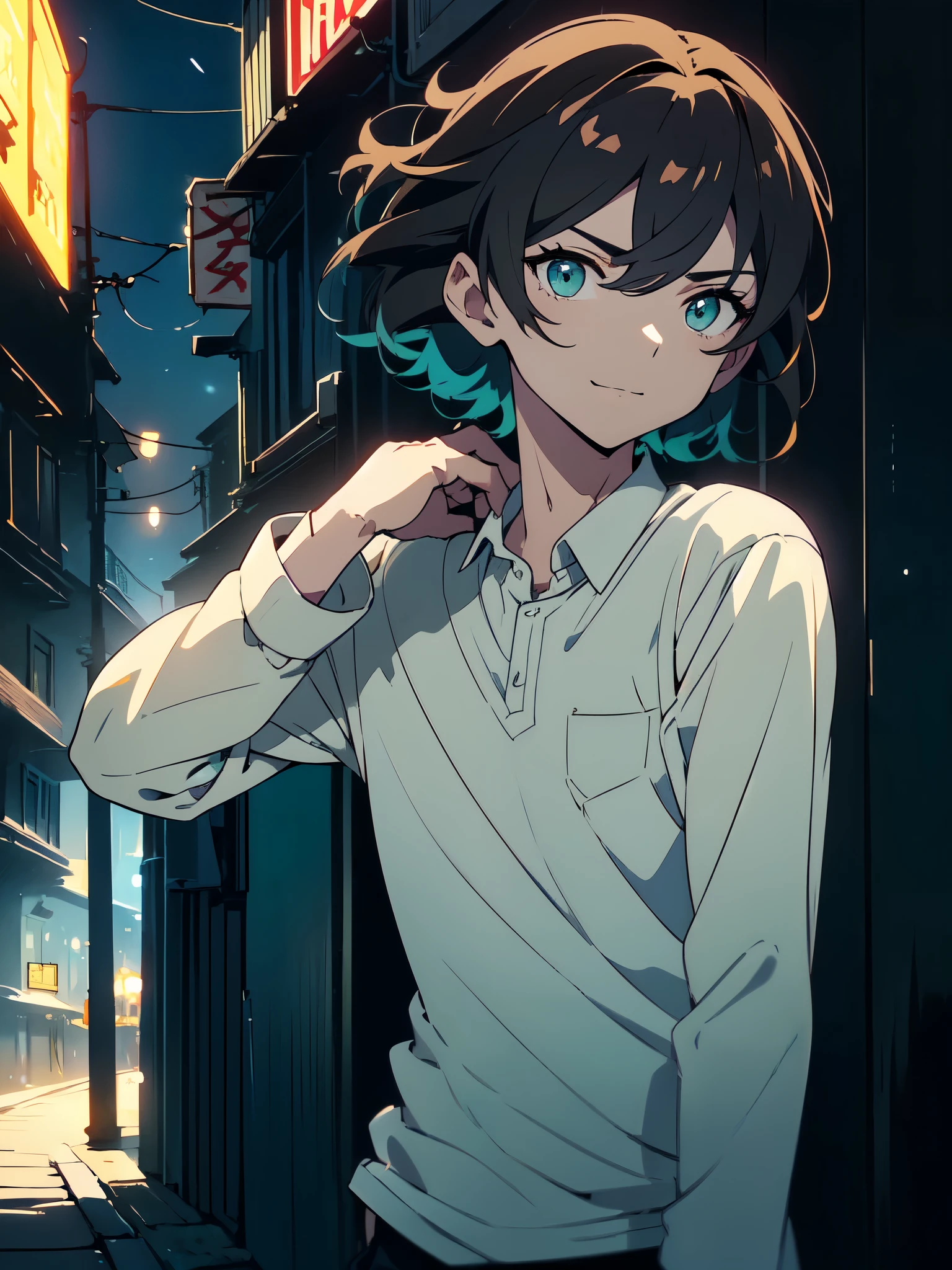 (masterpiece, highest quality)、(shining eyes), ((One young man)),(cool boy)、(dark brown hair,inner color)、Sea green eyes,serious expression, wicked smile,Upper body,line drawing,Unkempt short hair、messy hair、(messy hair、medium hair),white blazer,black t-shirt,expressionless eyes,((beautiful animeスタイル))、(dark and serious background),(dark back alley)、(downtown at night)、beautiful anime