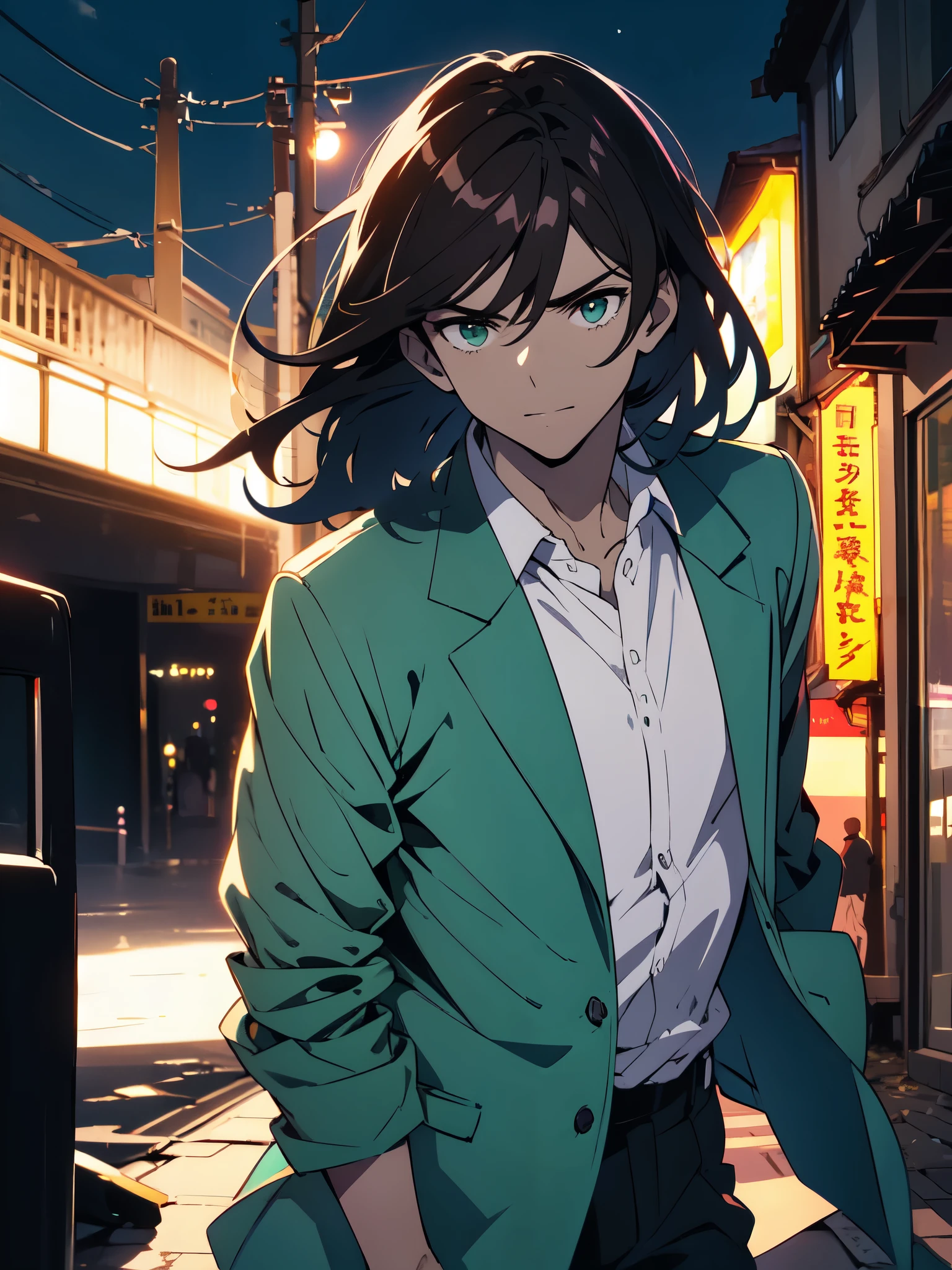 (masterpiece, highest quality)、(shining eyes), ((One young man)),(cool boy)、(dark brown hair,inner color)、Sea green eyes,serious expression, wicked smile,Upper body,line drawing,Unkempt short hair、messy hair、(messy hair、medium hair),white blazer,black t-shirt,expressionless eyes,((beautiful animeスタイル))、(dark and serious background),(dark back alley)、(downtown at night)、beautiful anime
