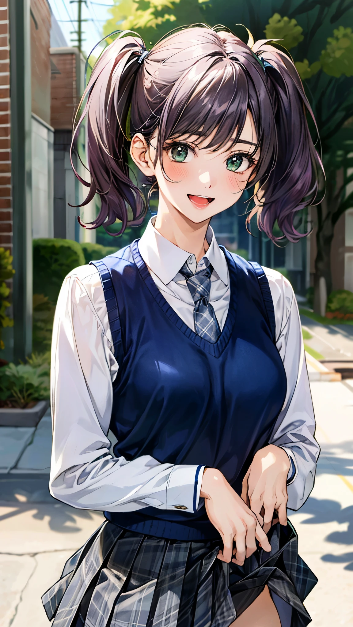 (masterpiece:1.3, top-quality), ultra high res, ultra detailed, (realistic, photorealistic:1.4), beautiful illustration, perfect lighting, colorful, depth of fields, 
looking at viewer, (face focus, upper body), 1 girl, solo, hight school girl, 15 years old, (large breasts:1.1, large ass, seductive thighs, skindentation),
(short hair:1.2, twintails:1.2, light purple hair), swept bangs, emerald green eyes, drooping eyes, big eyes, shiny skin, slender, tiny, 
beautiful hair, beautiful face, extremely detailed face, beautiful detailed eyes, beautiful clavicle, beautiful body, beautiful chest, beautiful thigh, beautiful legs, beautiful fingers, 
(detailed cloth texture, (navy knit vest), grey plaid tie, collared long sleeve white shirt, grey plaid pleated skirt), black socks, white panties, 
(beautiful scenery), morning, (outside school), standing, (waving at viewer), (seductive smile, open mouth small), 