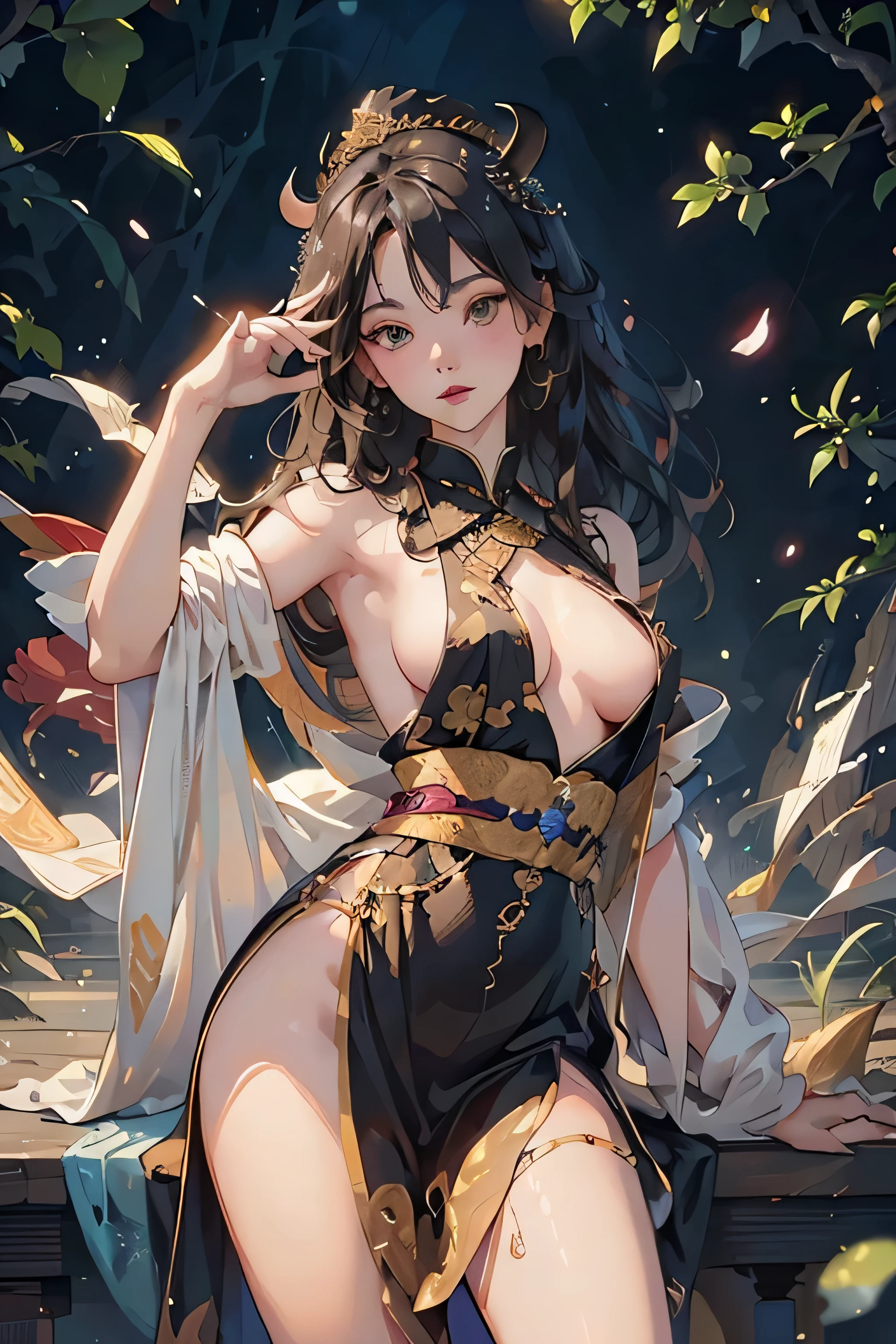 ((8k wallpaper of extremely detailed CG unit, masterpiece, hight resolution, top-quality, top-qualityのリアルテクスチャスキン)), (a very beautiful woman, Plump lips, The upper part of the body, Japanese pattern blouson:1.2, Japanese pattern micro mini shorts:1.2), (A dark-haired, hair messy, de pele branca, small tit), ((Colorful background with geometric patterns, Japanese pattern background, warm color)), (hyper realisitic, digitial painting),nsfw,slender body shape, (Hyper-realistic) , (illustration), (Increase the resolution), (8K), (RAW photos,best qualtiy),(realisticlying,photograph realistic:1.3),best qualtiy,highly detailed,tmasterpiece,Hyper-detailing,( the wallpaper), (Detailed face), solo,1girll,The is very detailed,dynamic angle,cow boy shot,The most beautiful form of chaos,elegant,Fauvist design,vivd colour,Goddess of romanticism,Model figure,ancient costume,best qualtiy,Extremely detailed jewelry,Peony petals,scenecy,rios|Wagas,nsfw, chinese dress, slender , black dress,dynasty, white top, black bottom