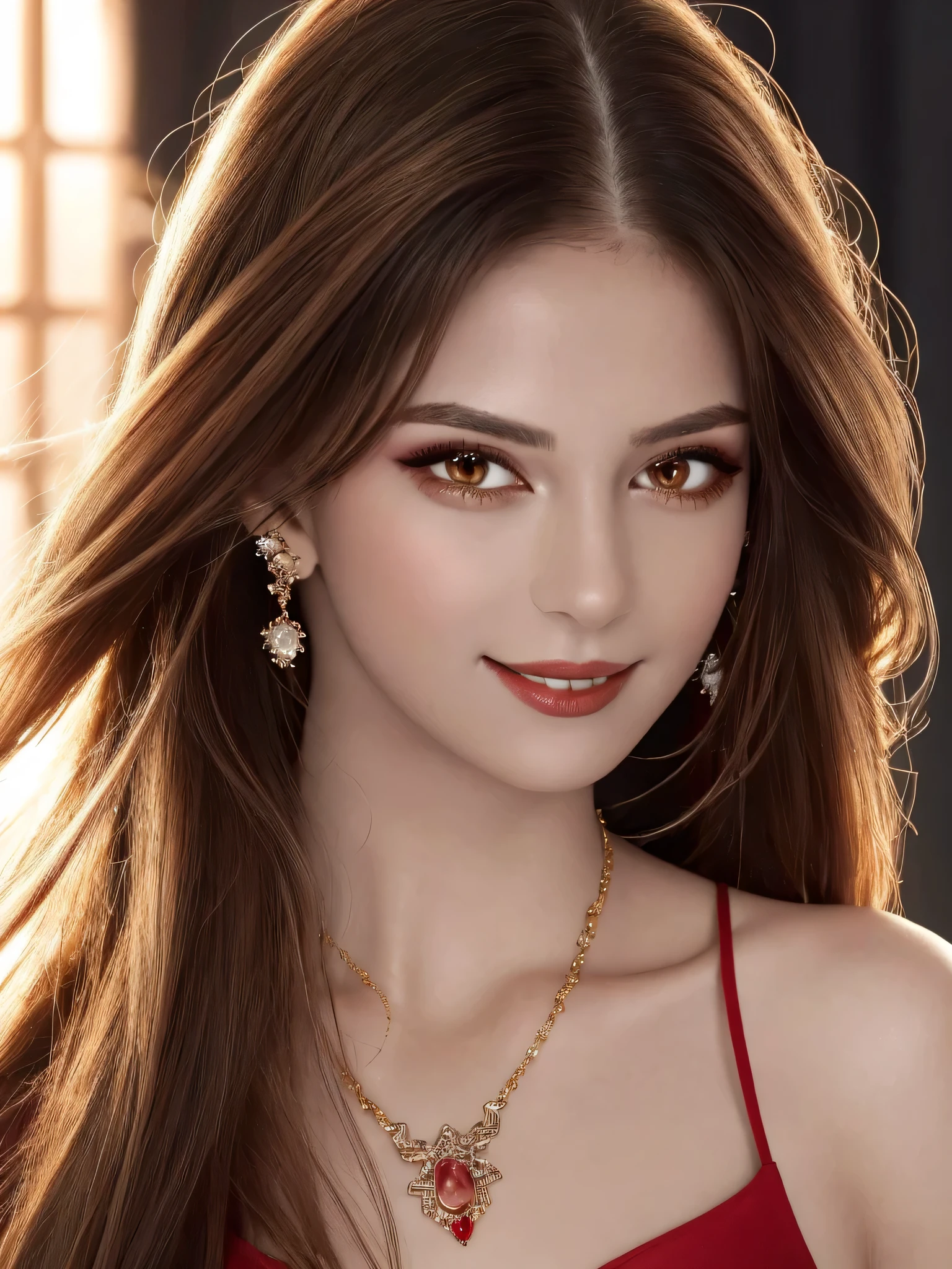 red eyeshadow,Are standing,wearing a body suit, masterpiece, High resolution, 1 girl, hair ornaments, looking at the viewer, smile, hair ornaments, necklace, jewelry, long hair, earrings, Tyndall effect,realistic, (High resolutionスキン:1.2), 8k UHD, Digital single-lens reflex camera, high quality, volume lighting, Frank, photograph, High resolution, 4k, 8k,