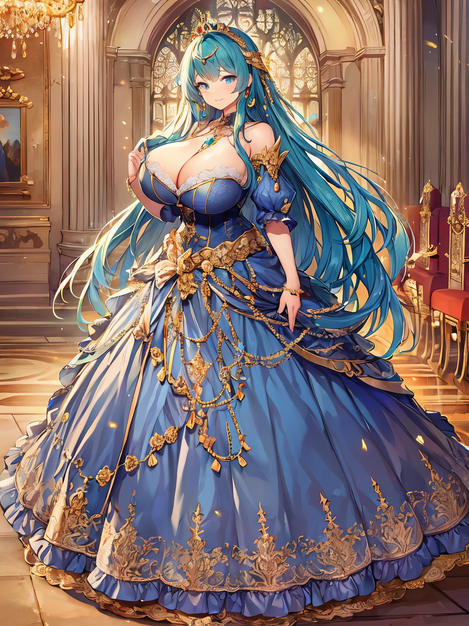 ((anime artstyle)),game CG,Masterpiece,Best Quality,Super Detail,((Very Delicate and Beautiful)),Solo,((full body)),full body portrait,((1 bling-bling rococo princess in a gorgeous rococo ballgown with voluminous full length hoop skirt)),(((very very gigantic tits,cleavage,curvy))),Skindentation,((Cathedral,church)),((crinoline,long train)),super detailed gorgeous ballgown with voluminous full length hoop skirt,gorgeous princess rococo ballgown with long train,beautiful embroidery and jeweled,(((gorgeous princess rococo ballgown with beautiful embroidery and jeweled))),(detailed face and eyes),jewel-like eyes,((extremely voluminous straight Hair,Extremely Long Straight Hair)),extremely gorgeous hair ornament,((extremely gorgeous bling-bling big tiara)),bling-bling luxurious jewelry,Beautifully detailed lots of lace and ruffles,(Dynamic Angle),((gorgeous rococo ballgown with voluminous full length hoop skirt)),full body