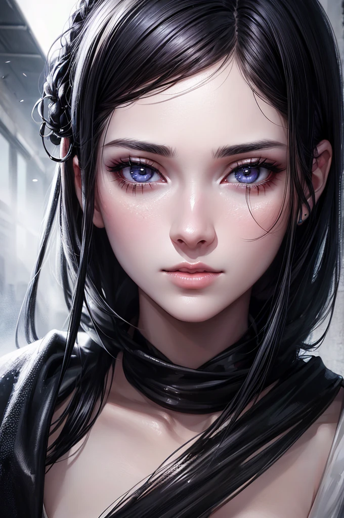 Beautiful girl with realistic black eyes, white skin, medium length black hair, perfect face, perfect eyes, wearing a coat, very detailed, comprehensive movie, digital painting, 8k, cinematic lighting, highest quality, High resolution, Fine work, Post-processing, perfect results, surreal