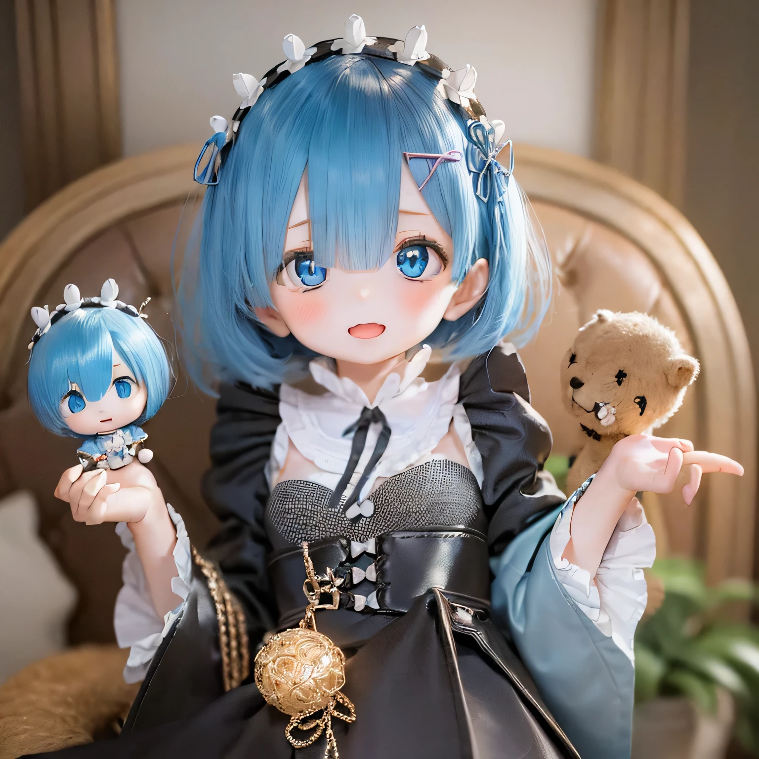 A 5 year old girl named Rem, It is depicted in (((((((baby))))))) style, with beautiful and detailed eyes, lips, and the face. Artwork must be of the highest quality, Sharp focus and ultra-detailed rendering. Color palette should be bright and vibrant.  Medium must be illustration or digital painting. For additional details, see、Includes Rem in a cute dress, Surrounded by your favorite toys, and there was a happy expression on her face.(((Little)))Nendoroid blue hair cute pose flat 