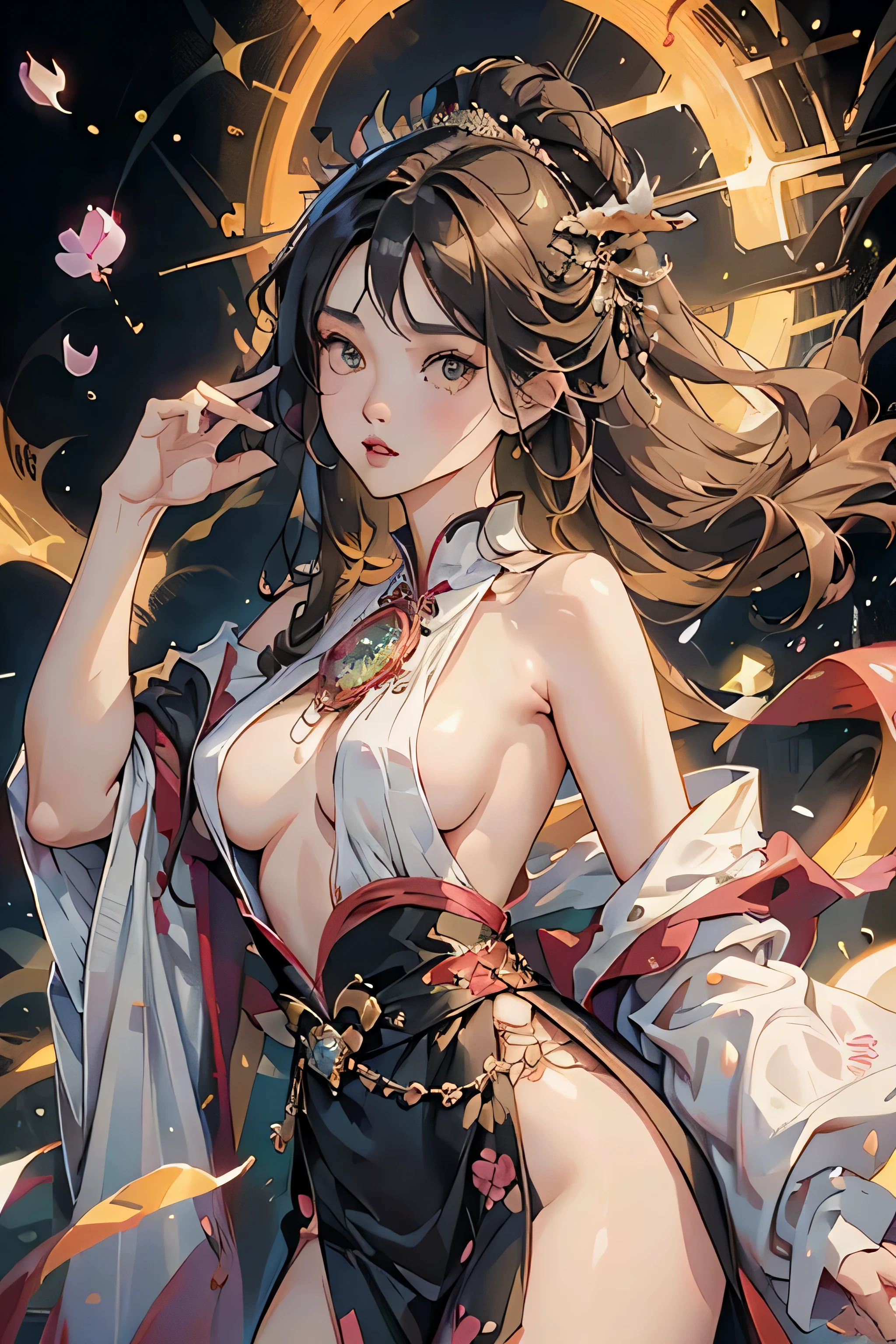 ((8k wallpaper of extremely detailed CG unit, masterpiece, hight resolution, top-quality, top-qualityのリアルテクスチャスキン)), (a very beautiful woman, Plump lips, The upper part of the body, Japanese pattern blouson:1.2, Japanese pattern micro mini shorts:1.2), (A dark-haired, hair messy, de pele branca, small ), ((Colorful background with geometric patterns, Japanese pattern background, warm color)), (hyper realisitic, digitial painting),nsfw,slender body shape, (Hyper-realistic) , (illustration), (Increase the resolution), (8K), (RAW photos,best qualtiy),(realisticlying,photograph realistic:1.3),best qualtiy,highly detailed,tmasterpiece,Hyper-detailing,( the wallpaper), (Detailed face), solo,1girll,The is very detailed,dynamic angle,cow boy shot,The most beautiful form of chaos,elegant,Fauvist design,vivd colour,Goddess of romanticism,Model figure,ancient costume,best qualtiy,Extremely detailed jewelry,Peony petals,scenecy,rios|Wagas,nsfw, chinese dress, slender , black dress,dynasty, white top, black bottom