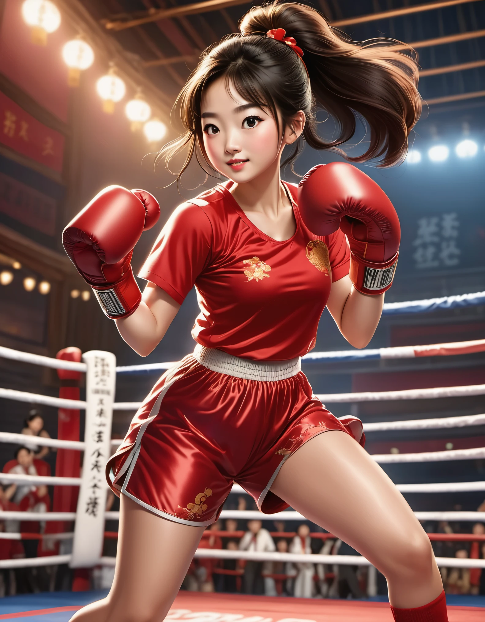 Chinese girl in red blouse who is boxing, hand on her waist, dynamic boxing action, chinese movie poster, at the heart of the joyful and optimistic, animation, studio ghibli, boxing ring, detailed illustration, official art, kawaii style, graceful action, 32k uhd, nocturne, composition, nabis, hd wallpaper selective focus, documentary style, the