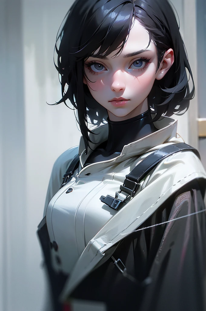 Beautiful girl with realistic black eyes, white skin, medium length black hair, perfect face, perfect eyes, wearing a coat, very detailed, comprehensive movie, digital painting, 8k, cinematic lighting, highest quality, High resolution, Fine work, Post-processing, perfect results, surreal