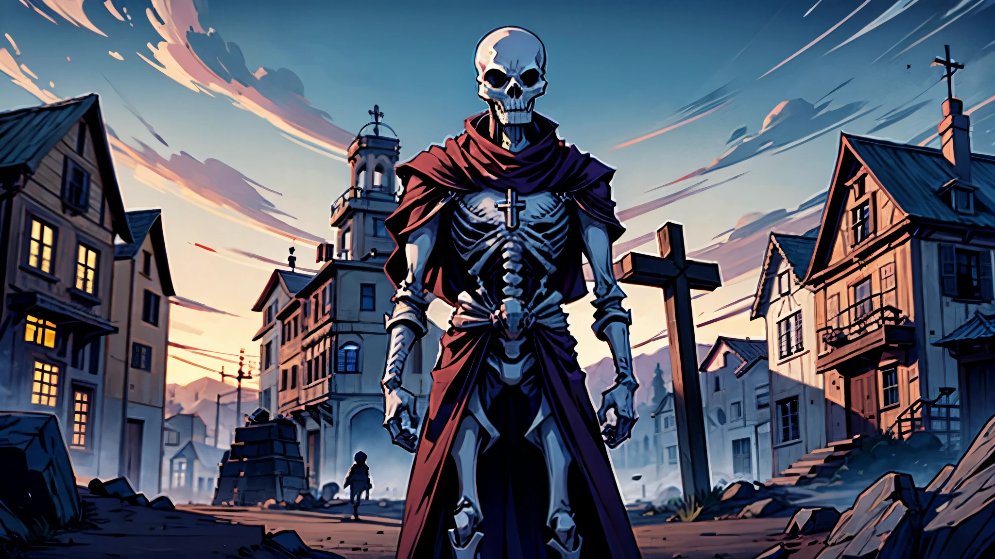 A skeleton man stands in a medieval town holding a cross