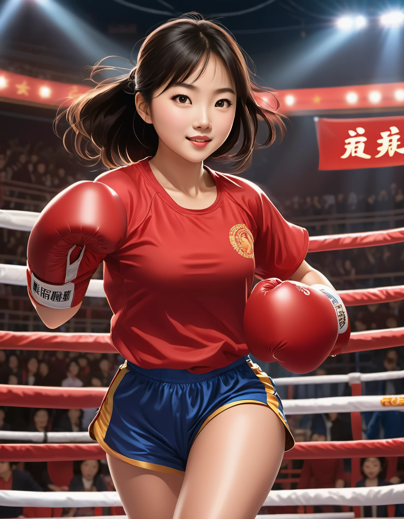 Chinese girl in red blouse standing in a boxing ring, hand on her waist boxing featured in Chinese movie poster, in joyful and optimistic, animation core, studio ghibli, boxing ring, detailed illustration, official art, kawaii style, graceful action, 32k uhd, nocturne, composition, nabis, hd wallpaper selective spotlight, documentary style,