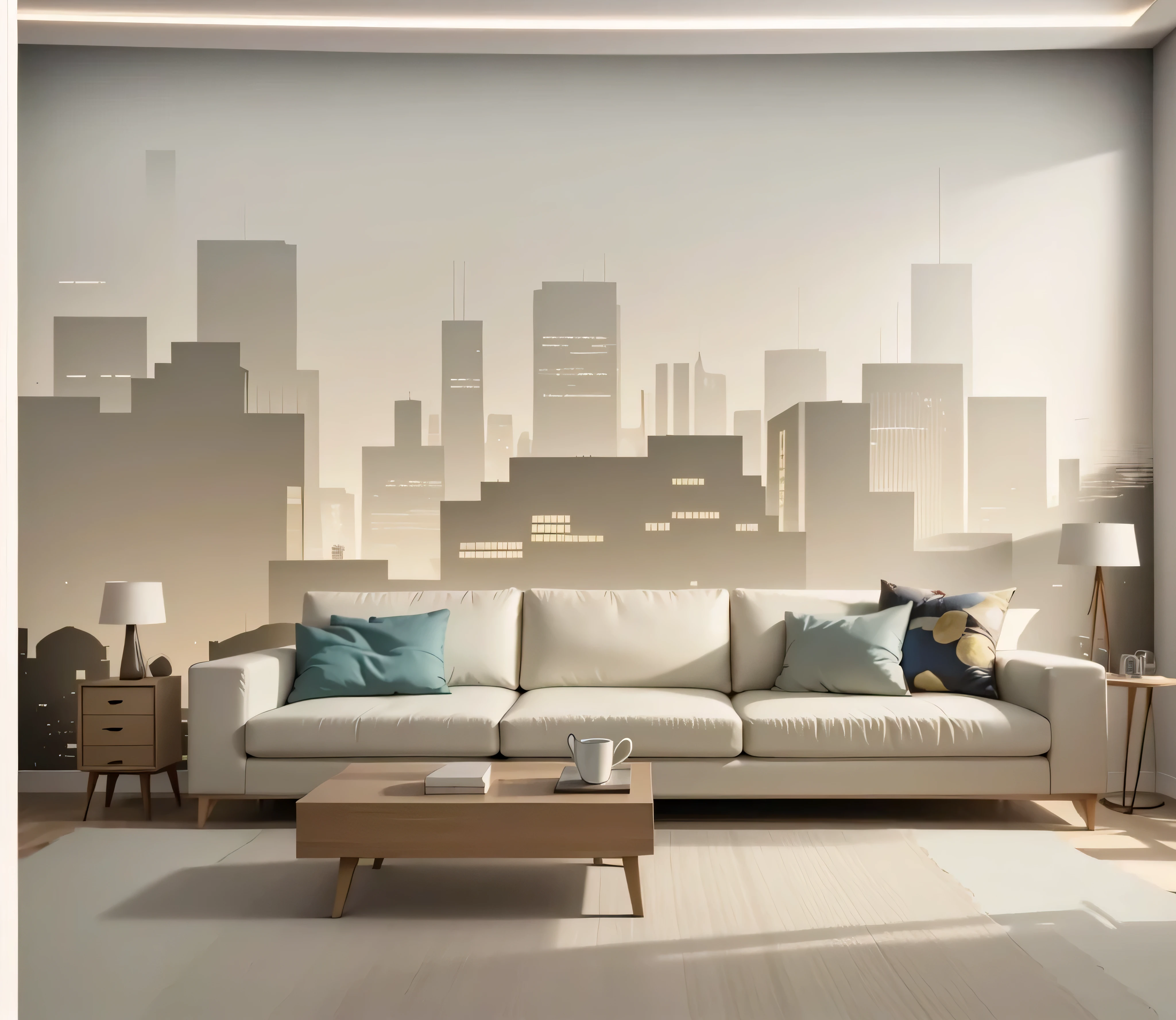 arafed image of a living room with a couch and a coffee table, abstract high quality, living room wall background, wall mural, abstract style, modern design, golden cityscape, art decor, wallpaper art, modern style, 4k/8, living room background, high-quality wallpaper, wall paper, city backdrop, abstract design, city landscape, digital walls