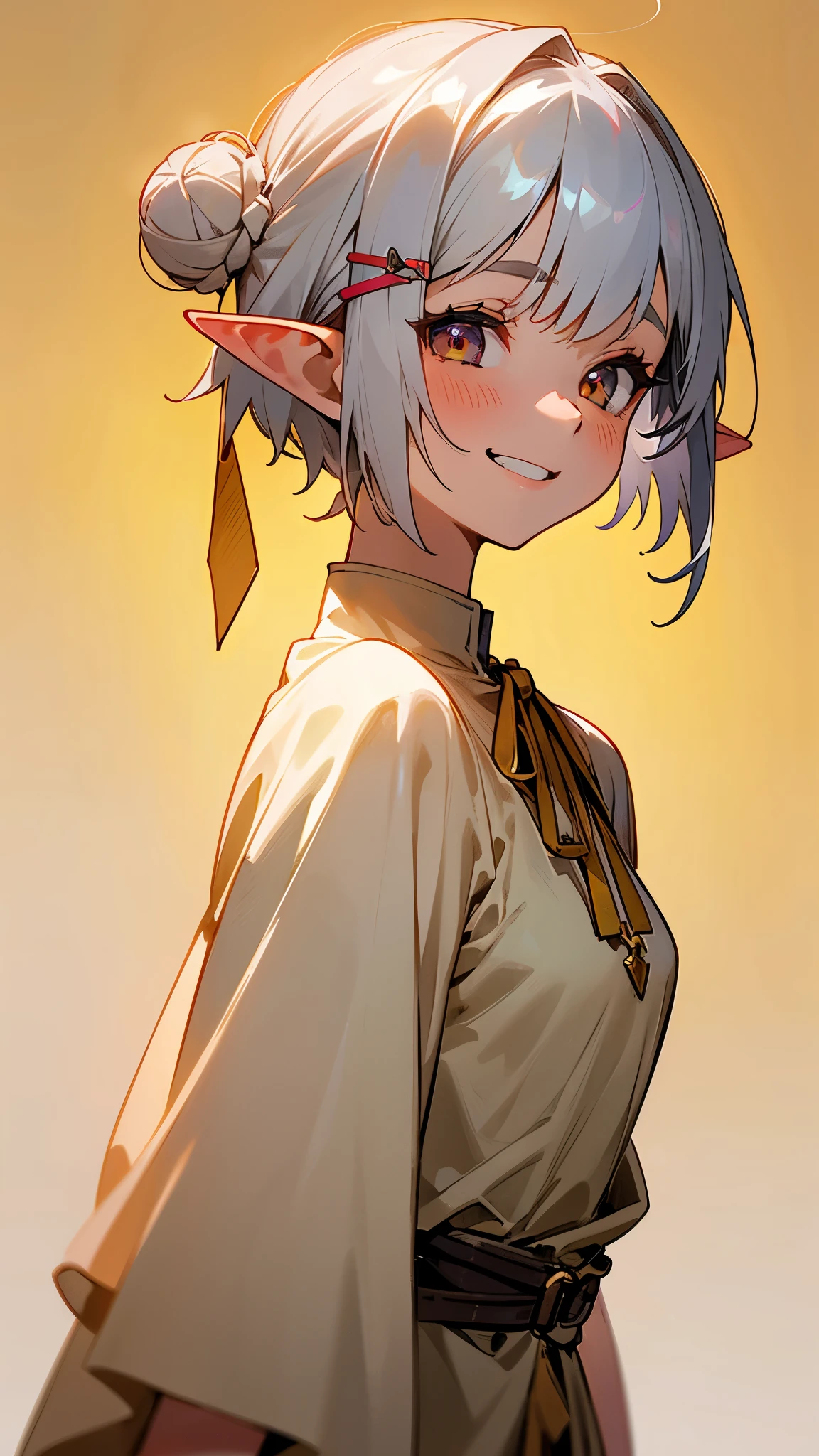 1girl、small breasts、angelic face, goblin, elf ears hair, Short hairstyles for silver hair and bob、Hair tied up in a bun with a hair clip、Shining pink round eyes, cute, yellow peasant tunic, Medieval, Medieval city background, bust portrait neck up, grin、From the side、painterly、sharp outline