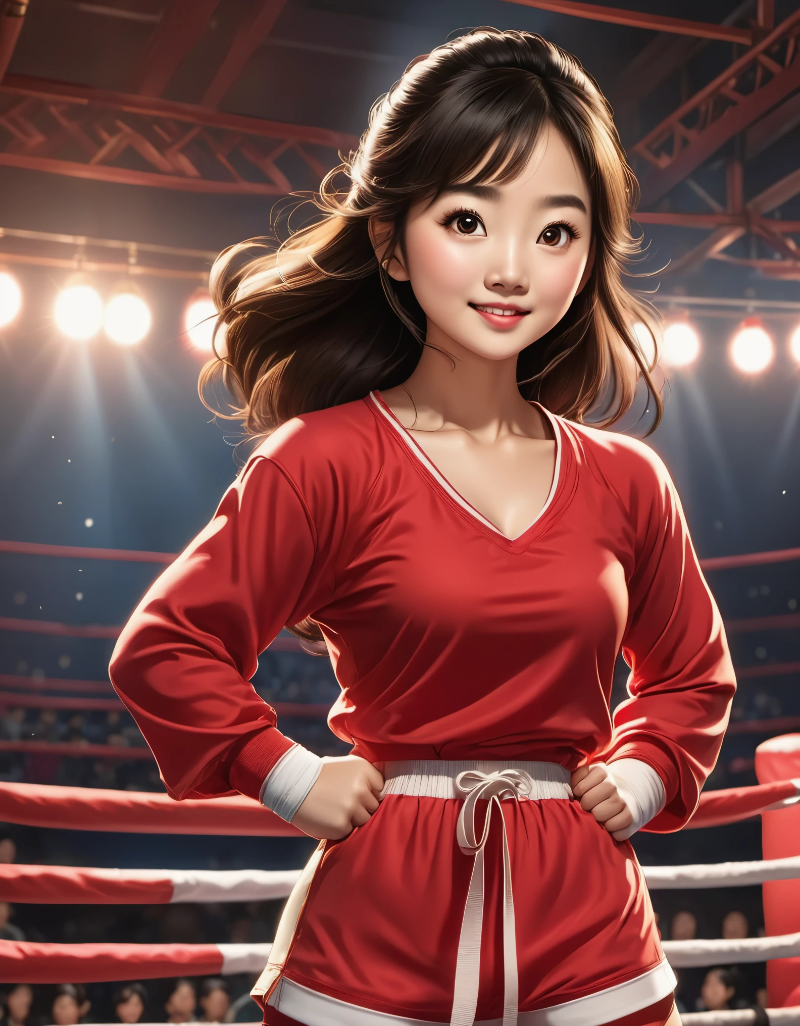 Chinese girl in red blouse standing in a boxing ring, hand on her waist boxing featured in Chinese movie poster, in joyful and optimistic, animation core, studio ghibli, boxing ring, detailed illustration, official art, kawaii style, graceful action, 32k uhd, nocturne, composition, nabis, hd wallpaper selective spotlight, documentary style,