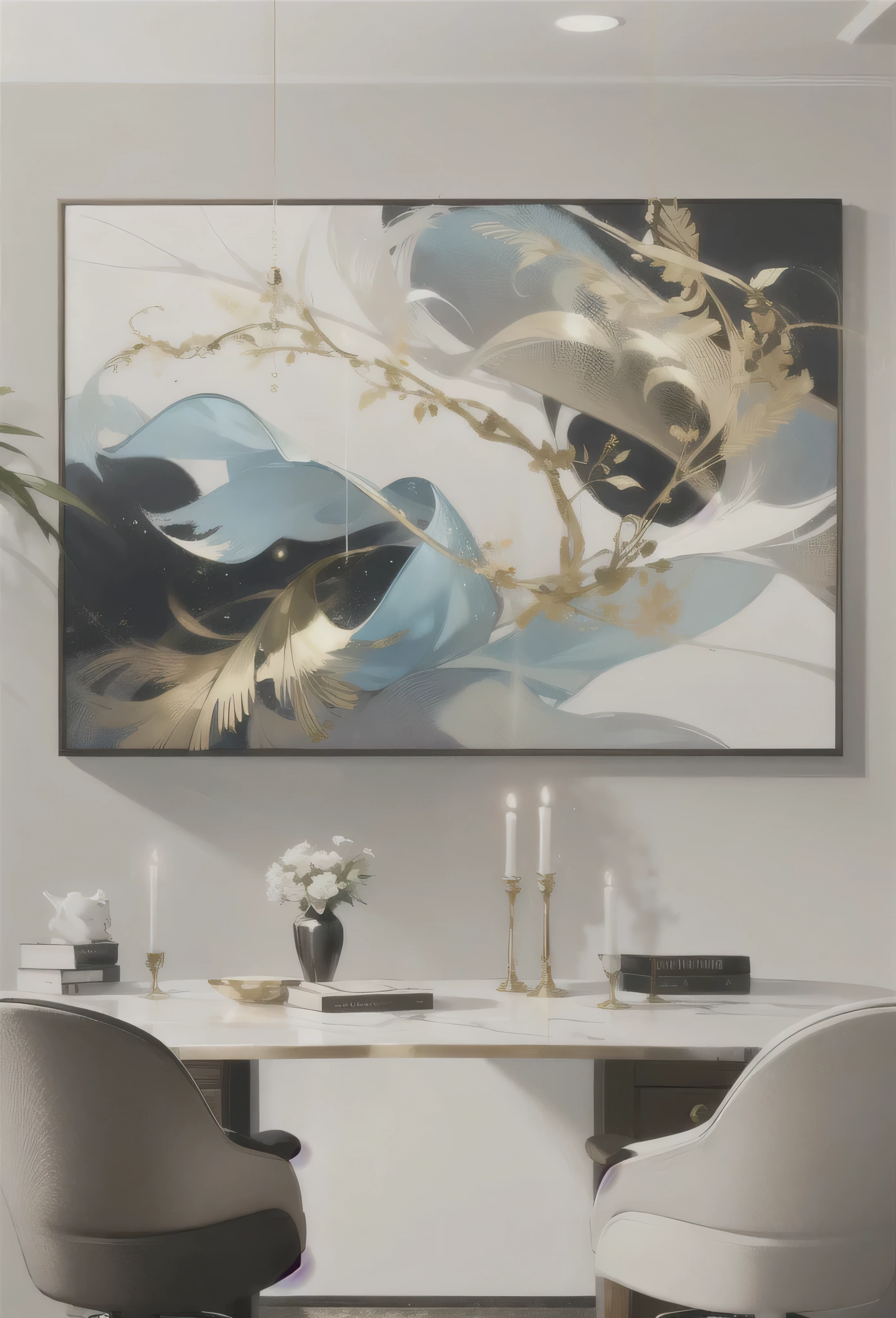 a large painting of a golden feather on a white wall, gold leaf painting, glossy painting, touch of gold leaf, marble and hint gold, elegant and refined painting, touches of gold leaf, stylistic painting, modern art style, black marble and gold, gold leaf art, marble and gold, marbling effect, exquisite painting, delicate detailing golden stroke, majestic painting