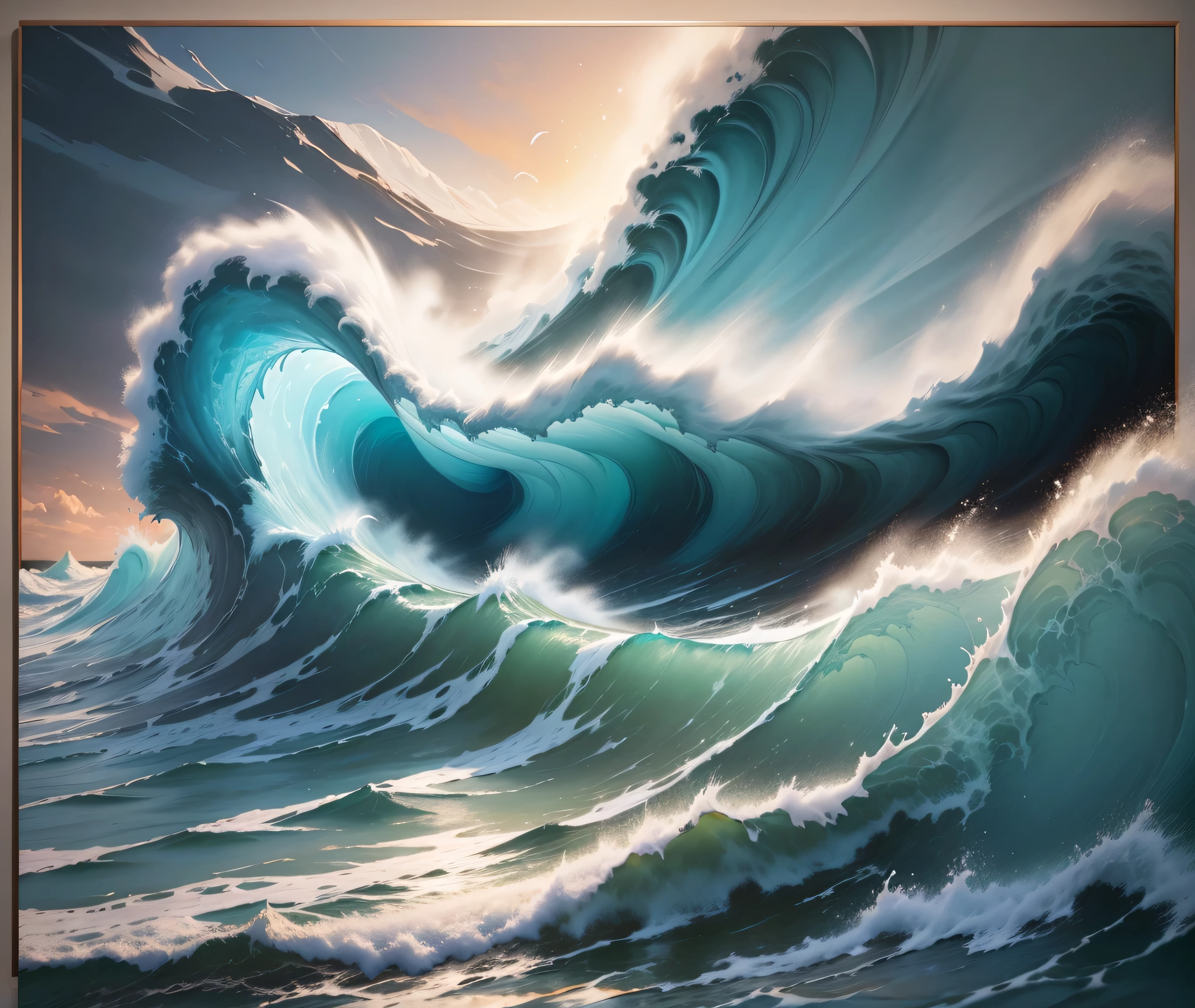 a large painting of a wave crashing on the ocean in a living room, canvas art print, an oil painting. wave, ocean wave, big wave, big waves, glossy painting, large waves, stunning waves, big canvas art, ((waves, high quality painting, extremely high quality artwork, wave, 8 k hd detailed oil painting, huge waves, canvas art