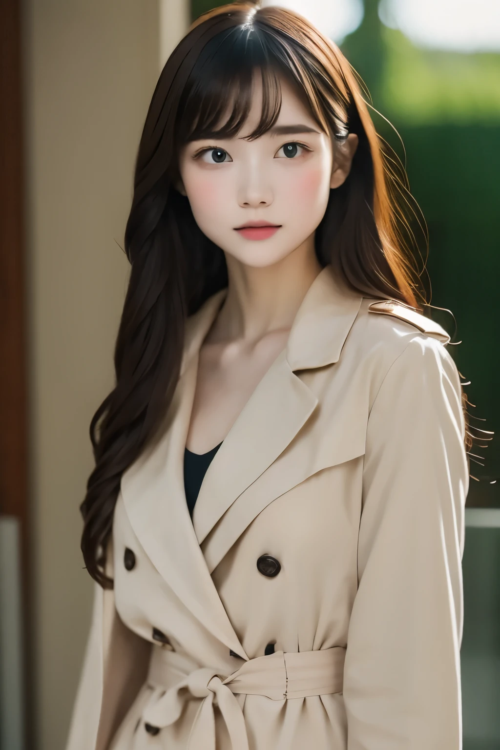 1 person, one girl,full bodyアングル:1.7、full body、4 suit trench coat, small breasts、 Severe, detailed, realistic, photograph, The background is blurred, Soft Fokuedium Shot:1.4)brown background