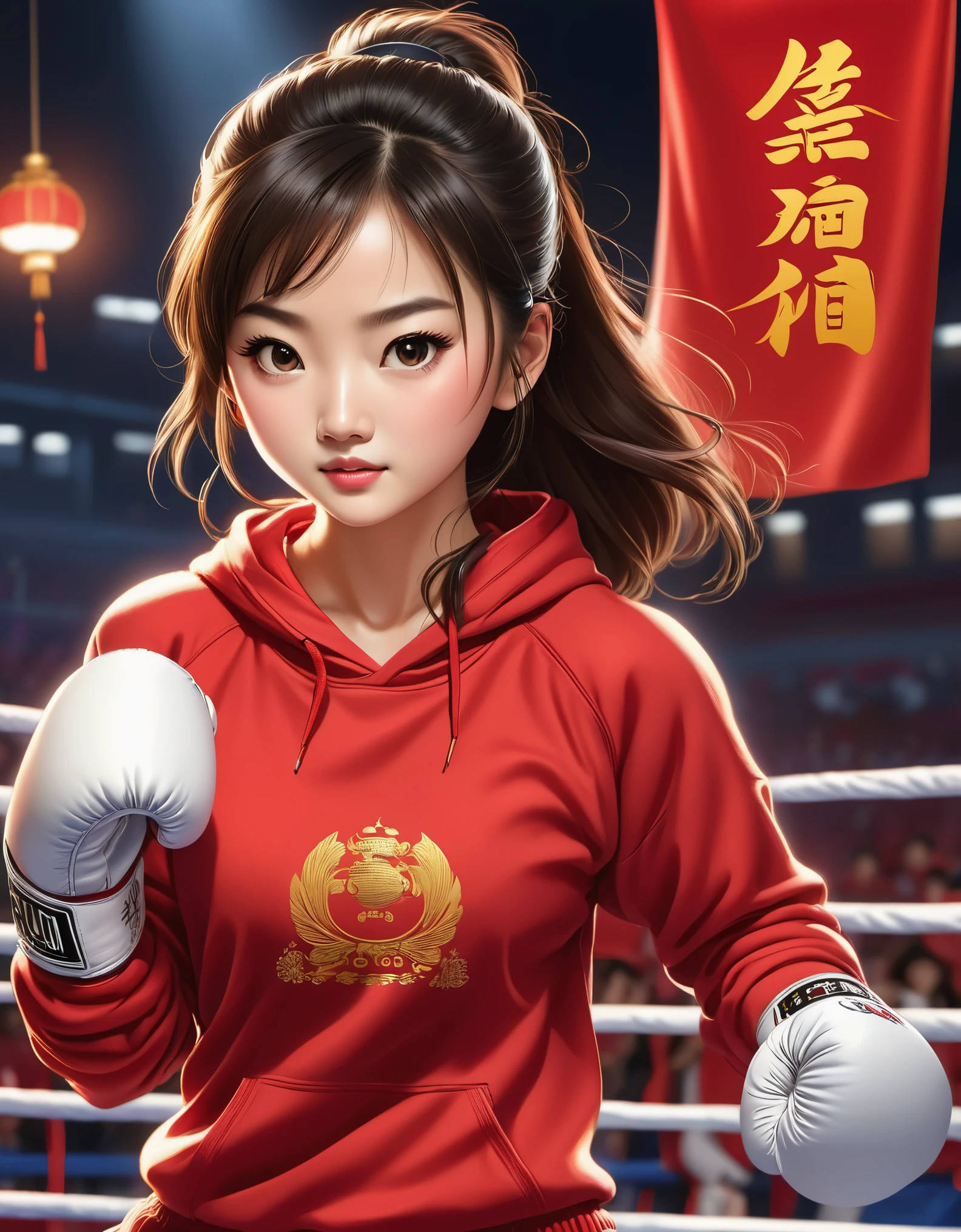 Chinese girl in red blouse boxing, sweatshirt with "china" ,Dynamic kicking action,A determined expression,Sanda competition moves,background:Champion trophy, China poster,animation, Studio Ghibli, Detailed illustrations, official art, Kavasi style, 32k,night, HD wallpapers,Selective focusing, Documentary style,