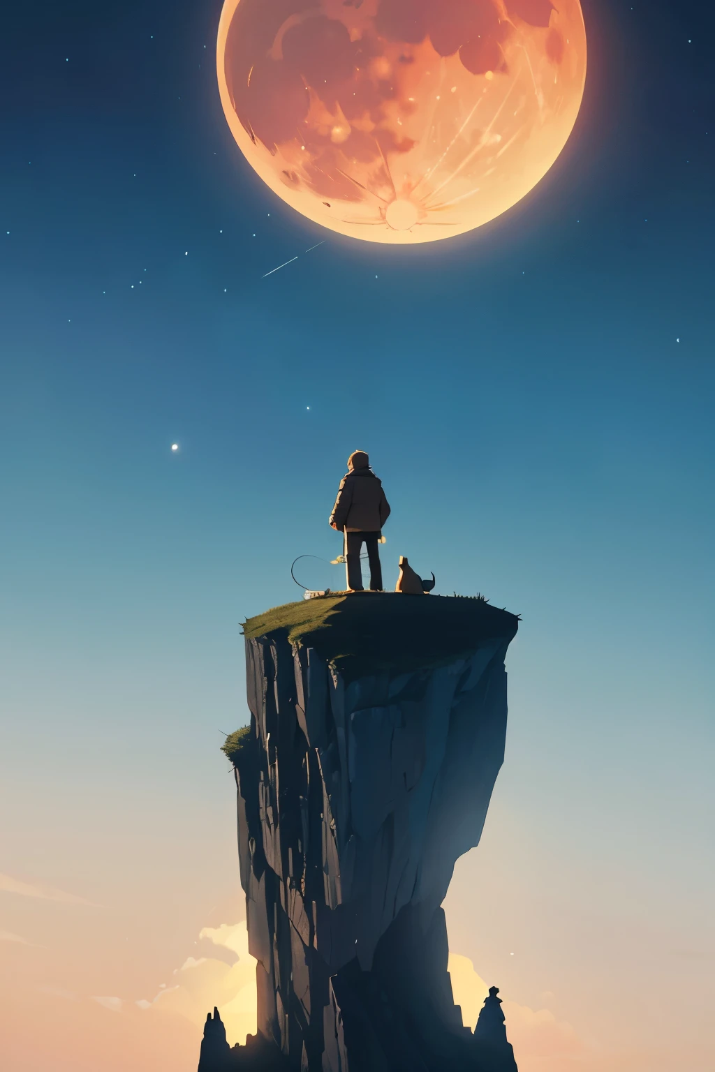 (A cliff illuminated by a huge moon),A man standing on the edge of a cliff wtih a dog,Ultra-long-range viewing angle