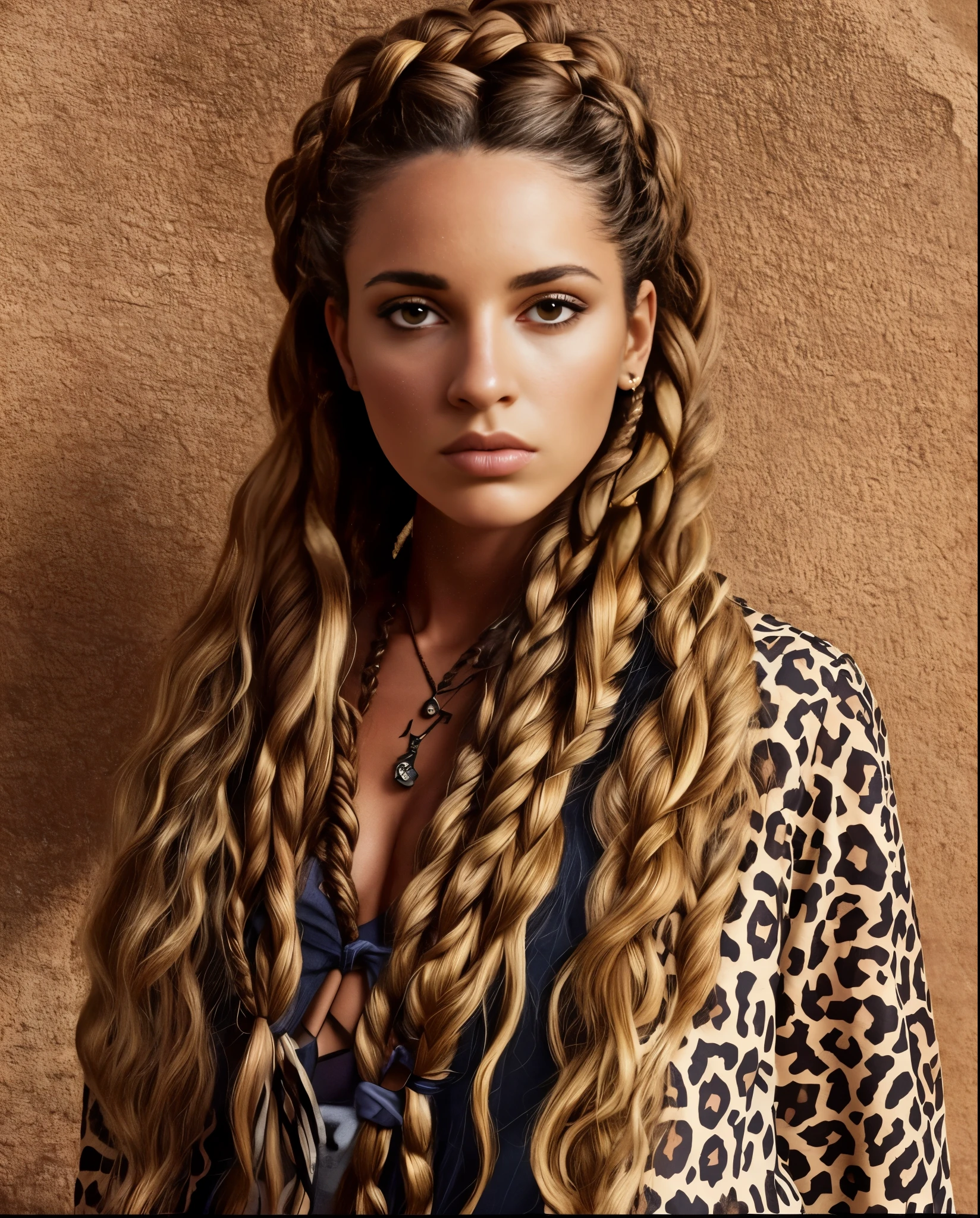 um close de uma mulher com cabelos longos vestindo uma jaqueta com estampa de leopardo, woman with braided brown hair, long braided hair on top of head, long braided curly brown hair, por Daniel Lieske, por Daniel Seghers, inspired by Isaiah Boursse, braided brown hair, parece a Laura Barriales, malika favre, por Anna Haifisch