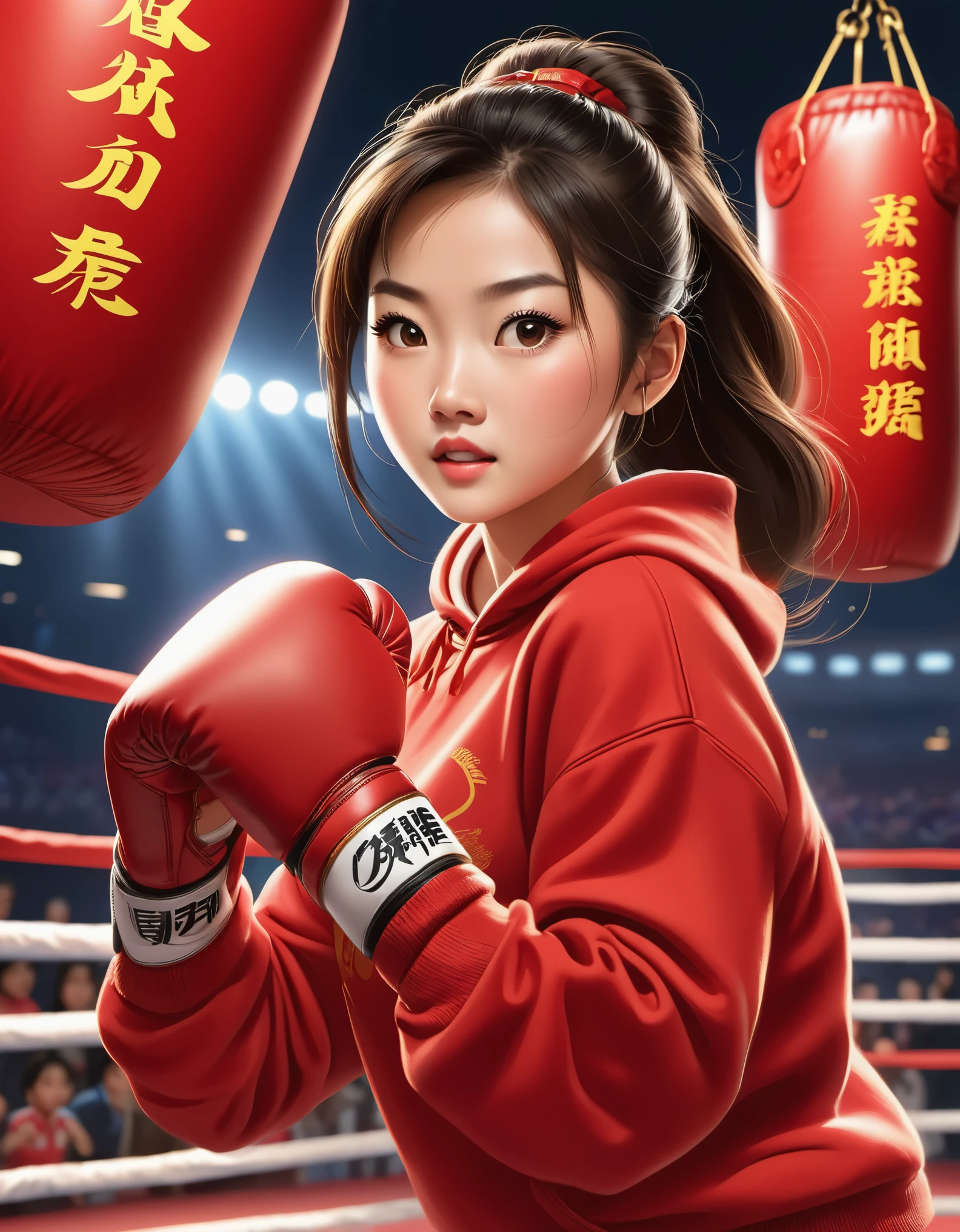 Chinese girl in red blouse boxing, sweatshirt with "china" ，Dynamic kicking action，A determined expression，Sanda competition moves,background：Champion trophy， China poster,animation, Studio Ghibli, Detailed illustrations, official art, Kavasi style, 32k，night, HD wallpapers，Selective focusing, Documentary style,