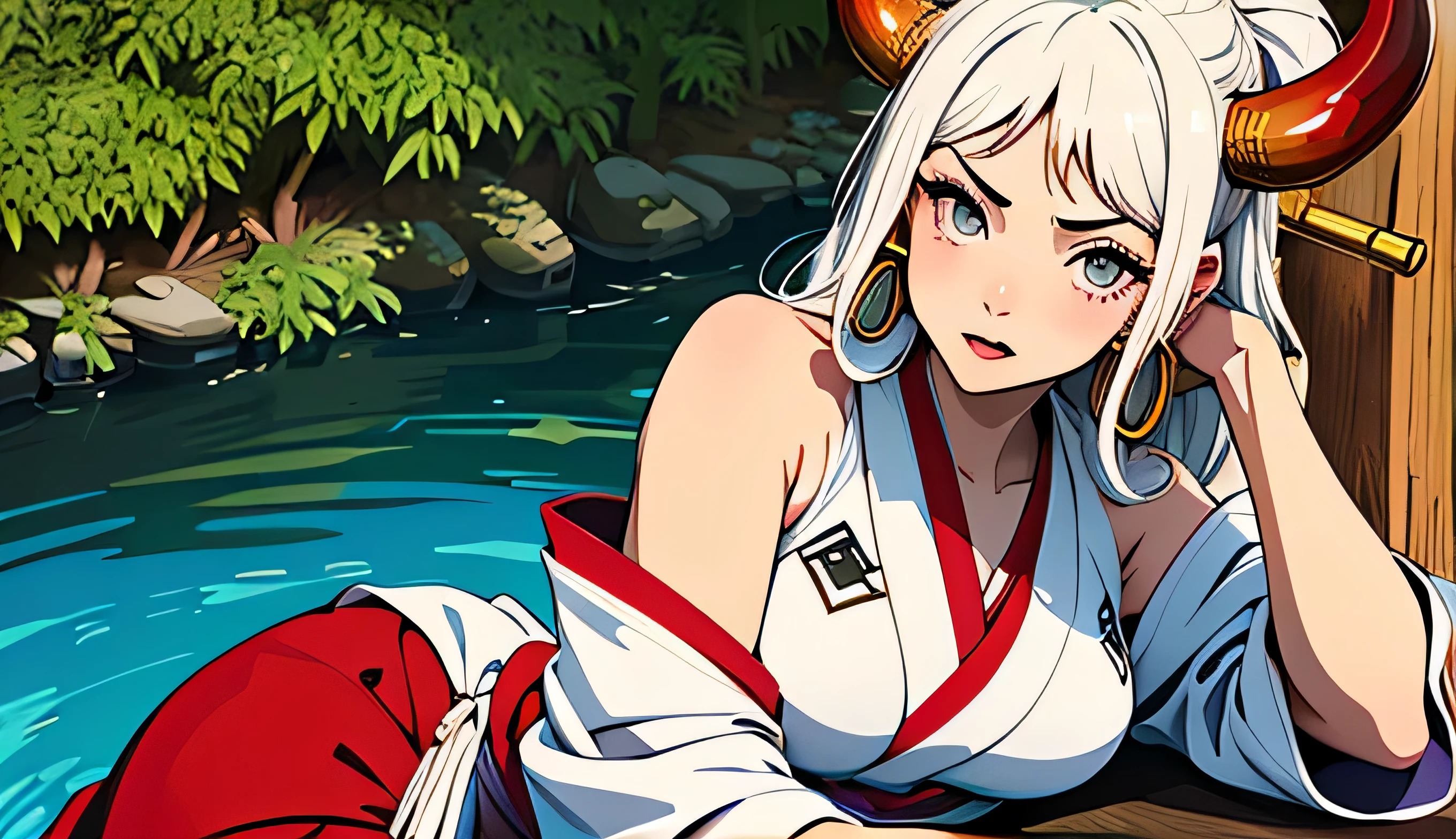 Masterpiece, ((Ultra detailed backgrounds, Delicate pattern, Intricate High Details)), (highly detailed, finedetail), Best quality, Beautiful lighting, (((medium breasts, lean girl, Very thin girl))), (cow boy shot), Yamato V2, laying down, posing, Long hair, 1girl, banya, white hair, Tik, their, Red horns, Spiral horn, hair multicolored horns), jewelry, Earrings, Japanese clothes, kimono, hair stick, Sleeveless, Bare shoulders, aqua hair, side locks, hoop earrings, hakama, surprised expression, bamboo trees, japanese sento