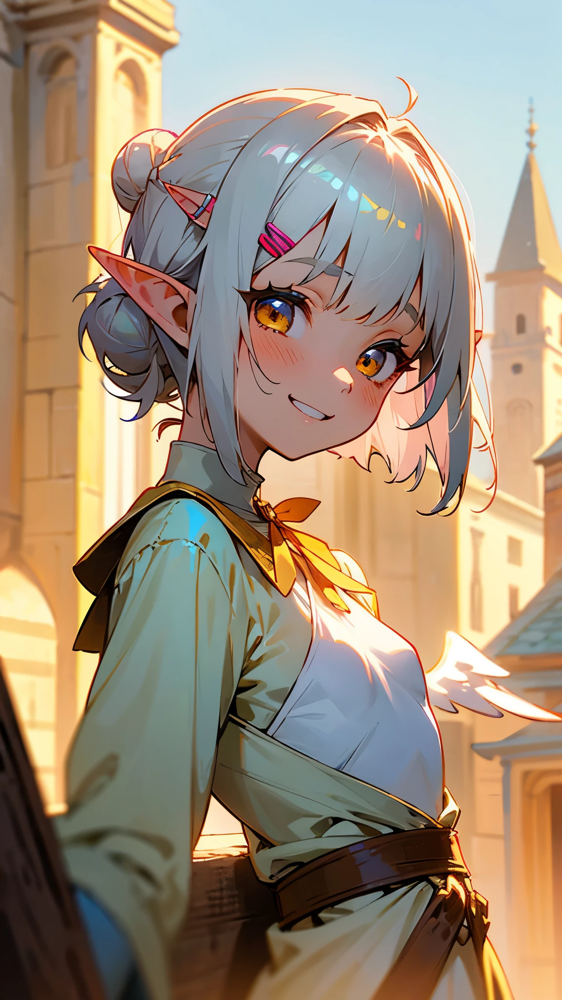 １girl、small breasts、angelic face, goblin, elf ears hair, Short hairstyles for silver hair and bob、Hair tied up in a bun with a hair clip、Shining pink round eyes, cute, yellow peasant tunic, Medieval, Medieval city background, bust portrait neck up, grin、From the side、painterly、sharp outline