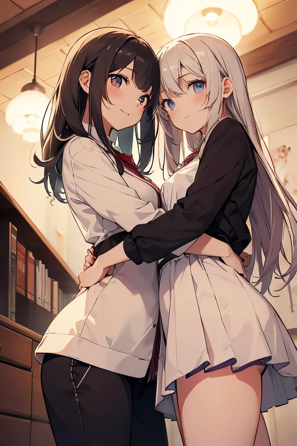 bedroom at night、Bulb Light、dark room、Two high school girls hugging each other on the bed、Enchanted expression、kiss、17 years old、high school uniform、 mini skirt、table top, highest quality, High resolution, masterpiece、Full body Esbian、((taken from below:1.5)), ((Low - Angle:1.5)), ((I can see my pants)), (highest qualityのイラスト:1.2), (cute女の子:1.1), (2 girls:1.5, pair:1.5)、 (2 girls、One Pose、two girls hugging in bed、high school girl、break、(2girl beautiful eyes, every detail、masterpieceサイドライト、masterpiece、highest quality、detailed、High resolutionのイラスト),delicate makeup, (Close-up:1.2)、throw、soft focus ground bokeh、smile, cute、Medium chest:1.5、非常にdetailedな目:1.2)、(beautiful breasts)、thin waist、REAK is small、very detailed., Complex, table top, absurd、 ((smooth texture:0.75, realistic texture:0.5, Anime CG style)),