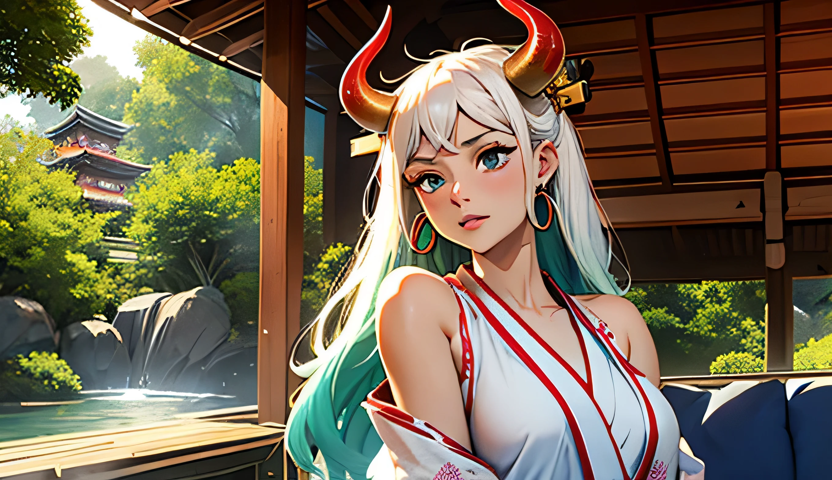 Masterpiece, ((Ultra detailed backgrounds, Delicate pattern, Intricate High Details)), (highly detailed, finedetail), Best quality, Beautiful lighting, (((medium breasts, lean girl, Very thin girl))), (cow boy shot), Yamato V2, laying down, posing, Long hair, 1girl, banya, white hair, Tik, their, Red horns, Spiral horn, hair multicolored horns), jewelry, Earrings, Japanese clothes, kimono, hair stick, Sleeveless, Bare shoulders, aqua hair, side locks, hoop earrings, hakama, surprised expression, bamboo trees, japanese sento
