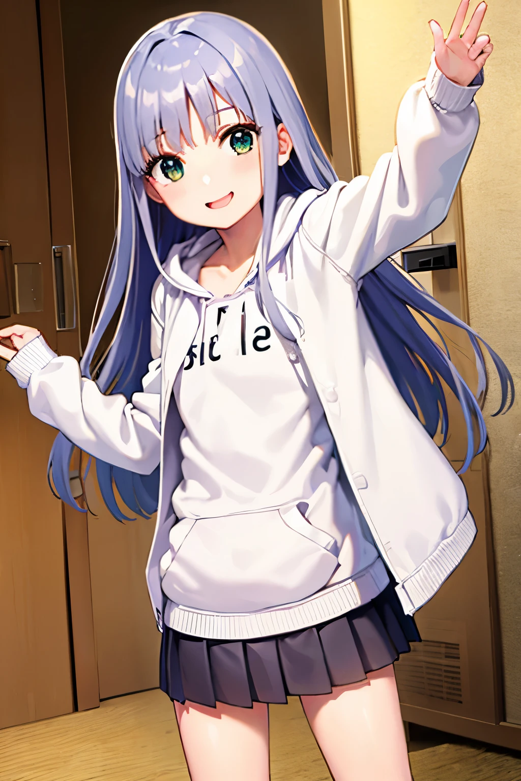 Cabello largo plateado, ojos verdes, headband, hoodie, skirt, flat breast, sonrisa, happy, muslos hermosos, inside house