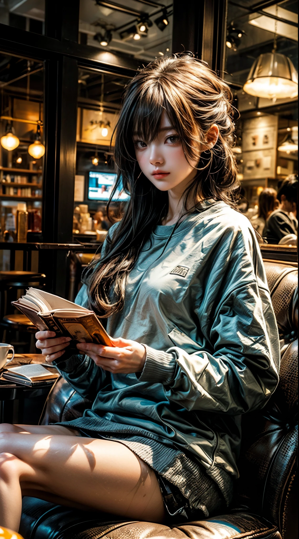 Cafeでイヤホンを着けているアラフェデの女性, fleeting woman, with earphones, Kantai Collection Style, soft lighting, with earphones, sportswear, white sweatshirt,anime moe art style，read，((彼らはBookにとても集中しています:1.5)),，slim body shape,highly detailed eyes and face、beautiful and detailed eyes,beautiful skin,small details、smooth hair，thin hair，very thin hair，cool makeup，low eyebrows、Whitening effect，detailed skin，(Cafe)，((Cafeでreadしている))，sit in a chair,relax,relaxation,sofa,Book,read,white sweatshirt,Bookを見る