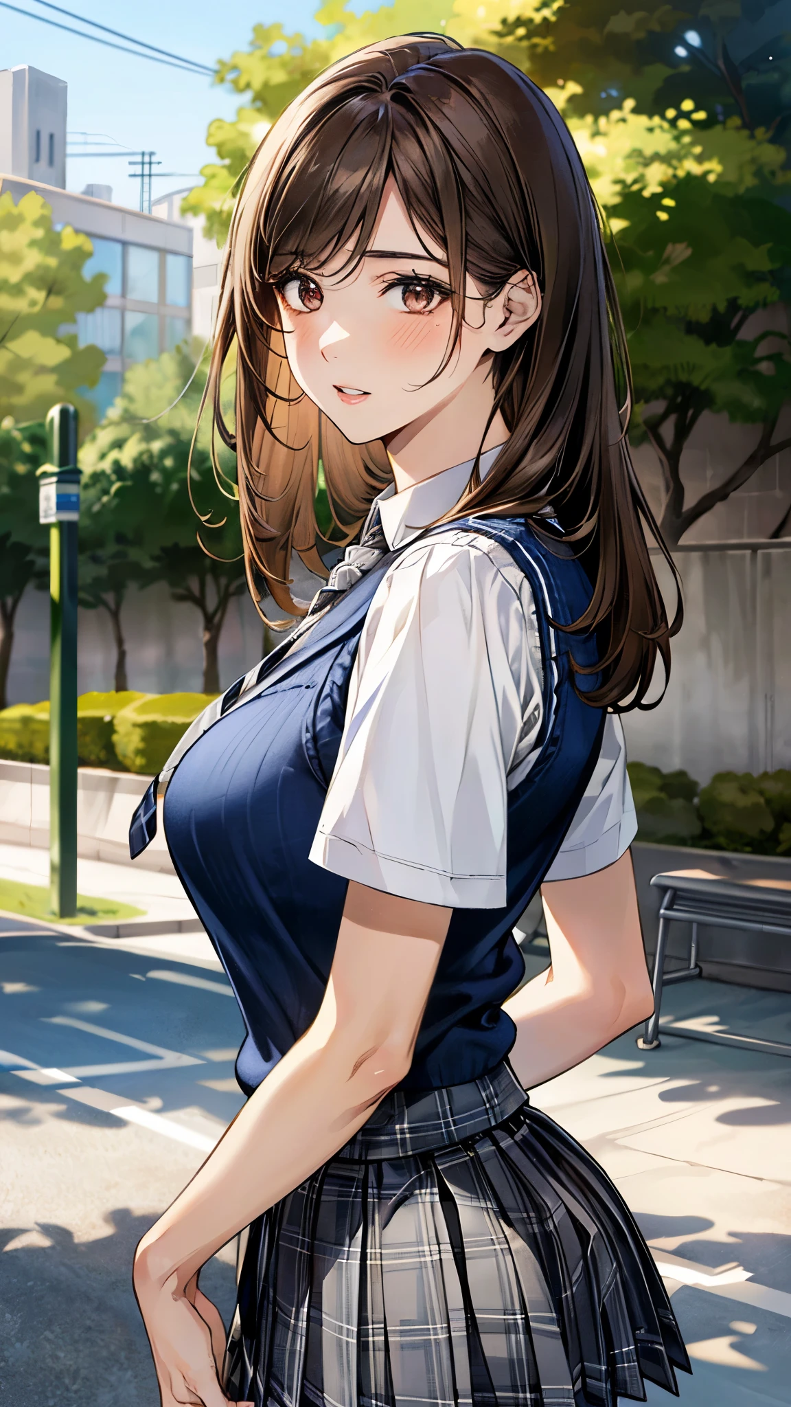 (masterpiece:1.3, top-quality), ultra high res, ultra detailed, (realistic, photorealistic:1.4), beautiful illustration, perfect lighting, colorful, depth of fields,
looking at viewer, (face focus, upper body), 1 girl, solo, hight school girl, gravure model, (large breasts:0.8, large ass, seductive thighs, skindentation),
(long hair, straight hair, light brown hair), swept bangs, brown eyes, shiny skin, slender,
beautiful hair, beautiful face, extremely detailed face, beautiful detailed eyes, beautiful clavicle, beautiful body, beautiful chest, beautiful thigh, beautiful legs, beautiful fingers,
(detailed cloth texture, (navy knit vest), grey plaid tie, short sleeve white collared shirt, grey plaid pleated skirt), black socks, white panties,
(beautiful scenery), evening, after school, (school backyard), standing, (nervous, parted lips),