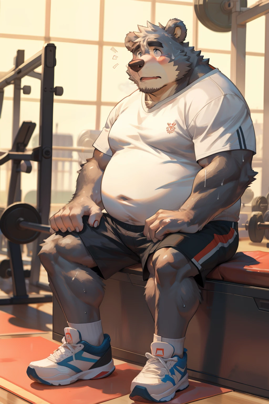 Gray Bear Man, social fear, blush, Looking shyly at the camera, sweat, Gym, short sleeves, shorts, sports shoes, Slightly fat, sitting position