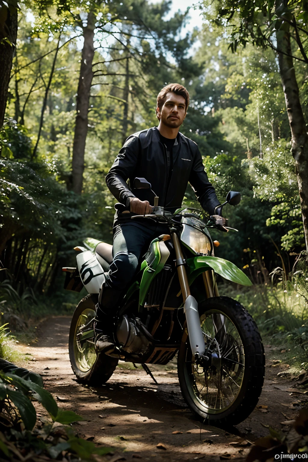 Capture a hyper-realistic masterpiece: Imagine a detailed scene in a Greek forest where a motorbike supercross champion stands amidst the lush greenery. The rider, a guy around 1.75 meters tall and approximately 75 kilograms, should be perfectly detailed, revealing every contour and expression. The forest background should evoke a sense of mystery and enchantment, with dappled sunlight filtering through the leaves. This portrait should be a harmonious blend of elegance, intricacy, and awe