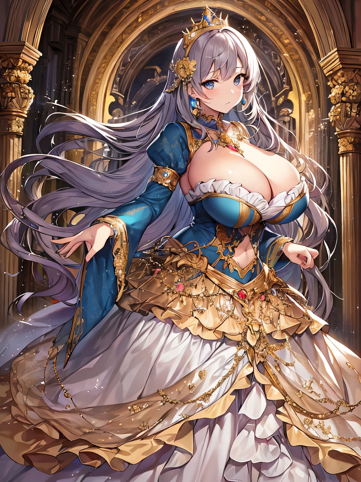 ((anime artstyle)),game CG,Masterpiece,Best Quality,Super Detail,((Very Delicate and Beautiful)),Solo,((full body)),full body portrait,((1 bling-bling rococo princess in a gorgeous rococo ballgown with voluminous full length hoop skirt)),(((very very gigantic tits,cleavage,curvy))),Skindentation,((Cathedral,church)),((crinoline,long train)),super detailed gorgeous ballgown with voluminous full length hoop skirt,gorgeous princess rococo ballgown with long train,beautiful embroidery and jeweled,(((gorgeous princess rococo ballgown with beautiful embroidery and jeweled))),(detailed face and eyes),jewel-like eyes,((extremely voluminous straight Hair,Extremely Long Straight Hair)),extremely gorgeous hair ornament,((extremely gorgeous bling-bling big tiara)),bling-bling luxurious jewelry,Beautifully detailed lots of lace and ruffles,(Dynamic Angle),((gorgeous rococo ballgown with voluminous full length hoop skirt)),full body