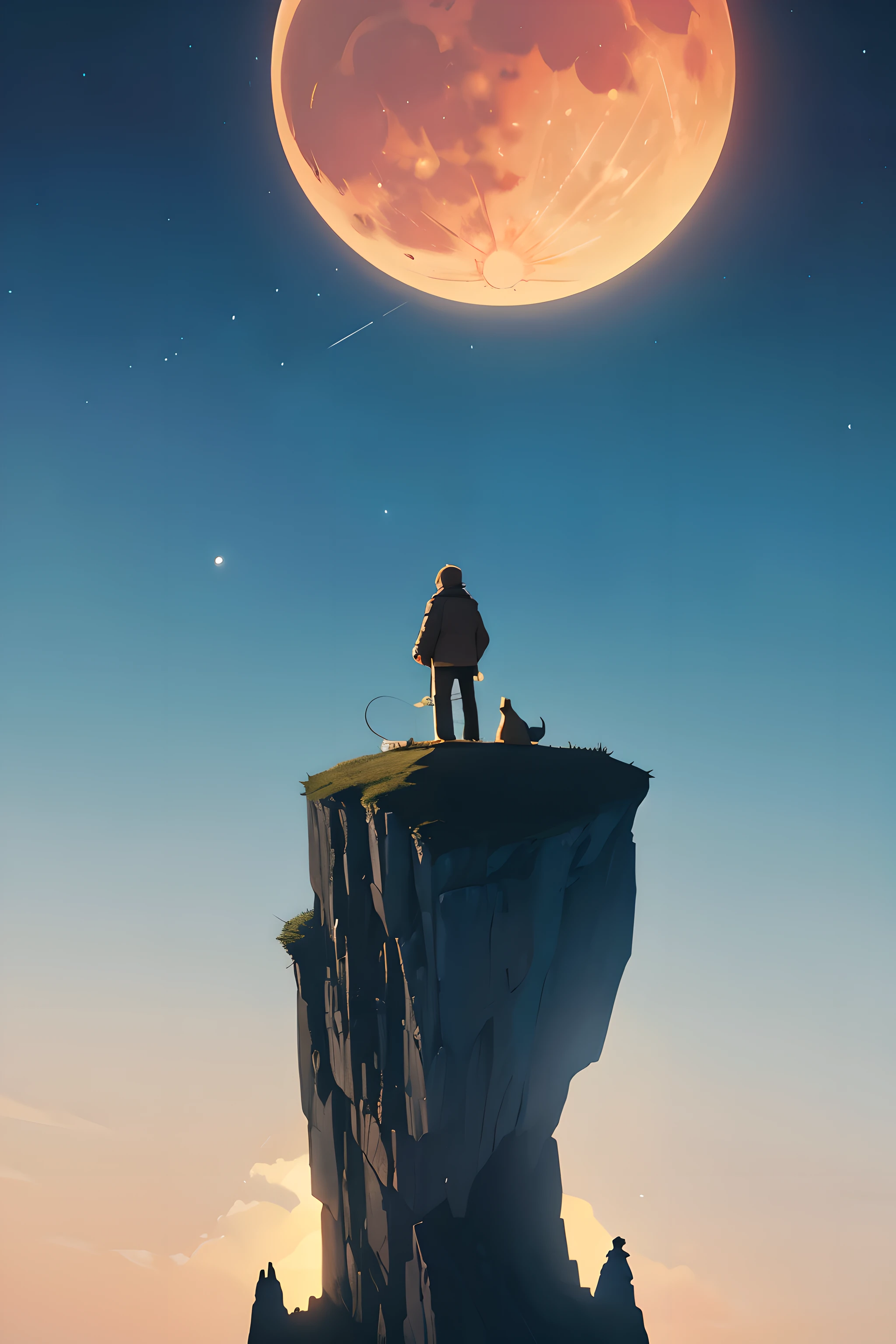(A cliff illuminated by a huge moon),A man standing on the edge of a cliff wtih a dog,Ultra-long-range viewing angle