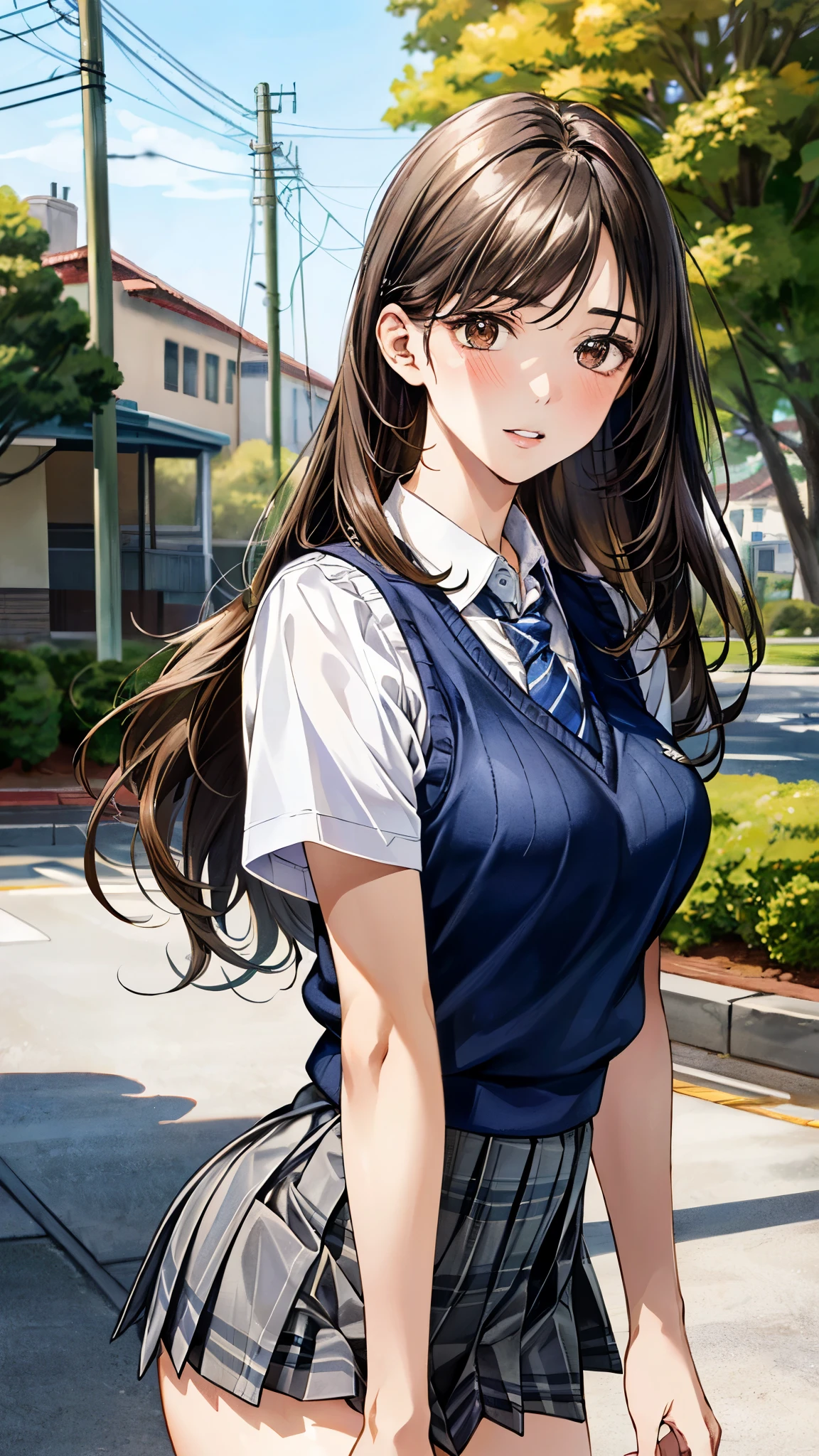 (masterpiece:1.3, top-quality), ultra high res, ultra detailed, (realistic, photorealistic:1.4), beautiful illustration, perfect lighting, colorful, depth of fields,
looking at viewer, (upper body, front view), 1 girl, solo, hight school girl, gravure model, (large breasts:0.8, large ass, seductive thighs, skindentation),
(long hair, straight hair, light brown hair), swept bangs, brown eyes, shiny skin, slender,
beautiful hair, beautiful face, extremely detailed face, beautiful detailed eyes, beautiful clavicle, beautiful body, beautiful chest, beautiful thigh, beautiful legs, beautiful fingers,
(detailed cloth texture, (navy knit vest), grey plaid tie, short sleeve white collared shirt, grey plaid pleated skirt), black socks, white panties,
(beautiful scenery), evening, after school, (school backyard), standing, hand between legs, (nervous, parted lips),