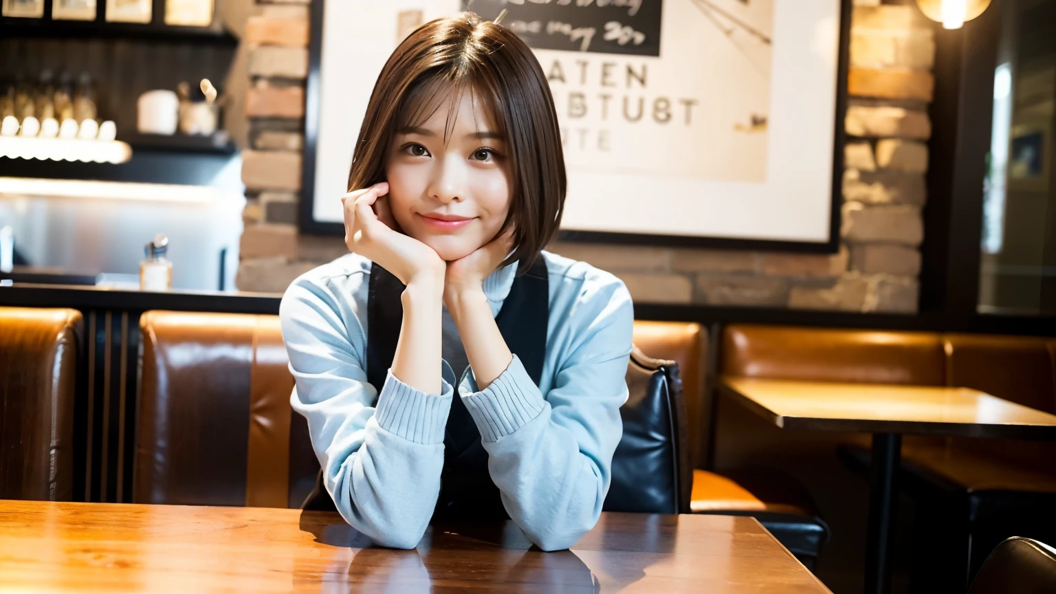 (最high quality、8k、32K、masterpiece:1.2)、A photo of a female college student who looks like a cute model、normal breasts、short bob hair、Upper body、face focus、recruitment suit、necklace、look at the audience、background a trendy coffee shop with a unique aesthetic and atmosphere. Incorporate elements like modern furniture, artistic decoration, and ambient lighting to enhance the ambiance. People who enjoy drinks々Consider including, engaging in conversation, or quietly working on laptops. Let your creativity flow、In this chic café setting「stable diffusion」Let the idea come to life, I can see other customers enjoying themselves too...。At the back of the cafe、Staff are busy working at the counter.、Feel the vibrancy and warmth of a city cafe.., sharp focus, 1 girl, sexy 1.2, brown hair, With bangs, fine eyes, Beautiful eyes with slit length, double eyelid, (cat face), (cute Face), cute Smile, (close your mouth), (cute), soft skin, surreal, Super detailed, high quality, (A caring and kind female college student), ((詳細な非常にcute女子大生)), The season is spring