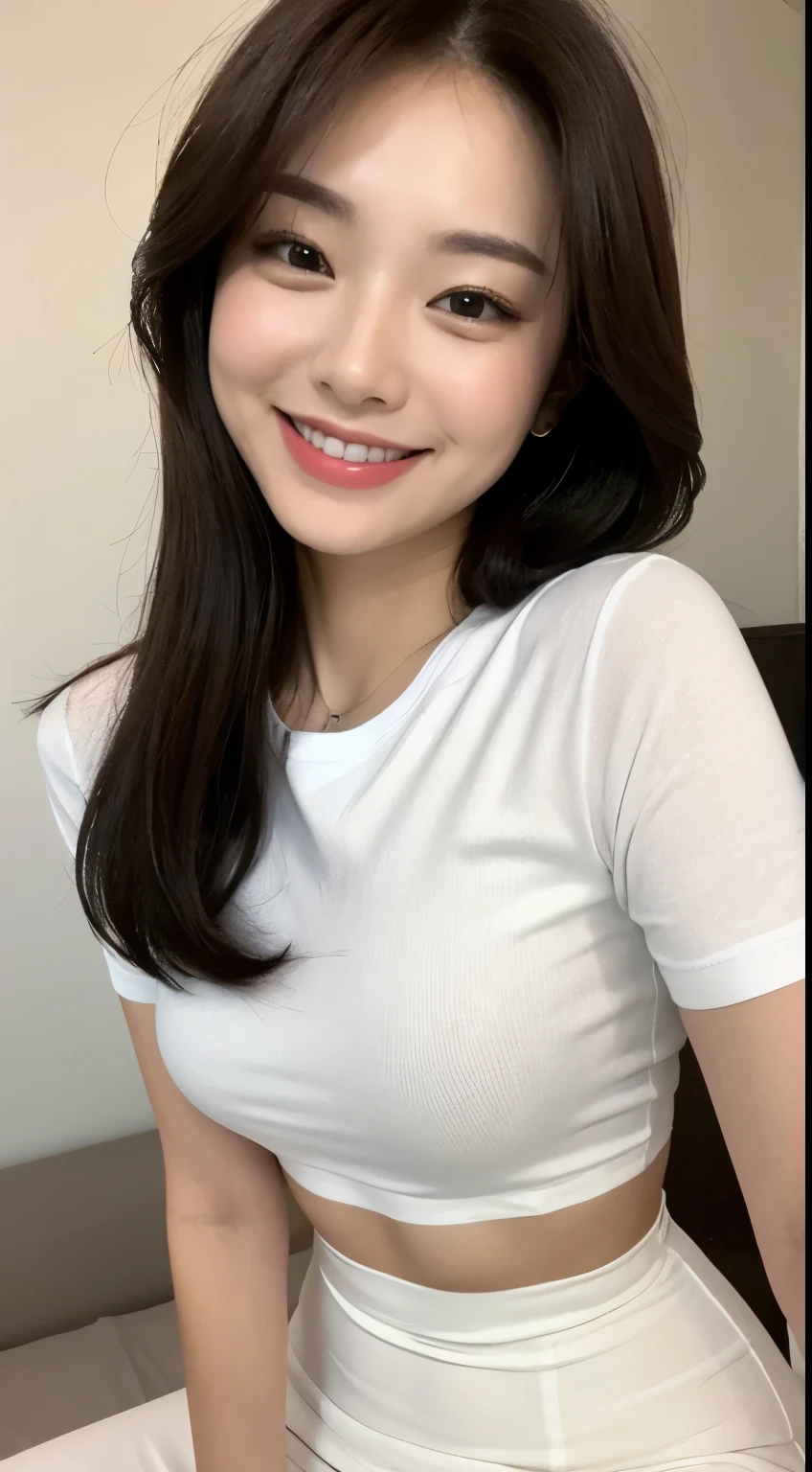 white tight shirt、white tight mini skirt、bed、smile、short sleeve、high resolution、Korean idol face