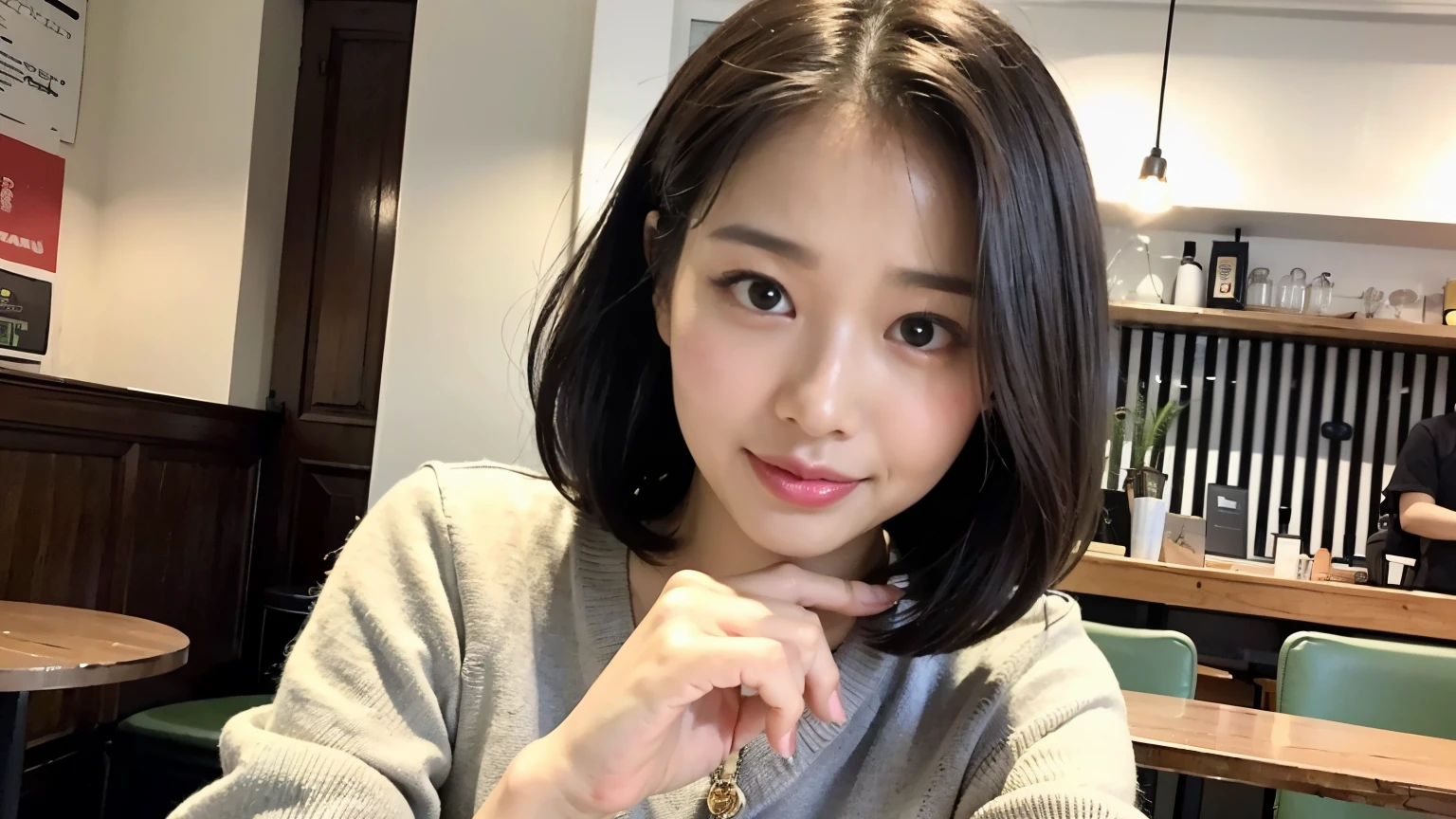 (最high quality、8k、32K、masterpiece:1.2)、A photo of a female college student who looks like a cute model、normal breasts、short bob hair、Upper body、face focus、white shirt、necklace、look at the audience、background a trendy coffee shop with a unique aesthetic and atmosphere. Incorporate elements like modern furniture, artistic decoration, and ambient lighting to enhance the ambiance. People who enjoy drinks々Consider including, engaging in conversation, or quietly working on laptops. Let your creativity flow、In this chic café setting「stable diffusion」Let the idea come to life, I can see other customers enjoying themselves too...。At the back of the cafe、Staff are busy working at the counter.、Feel the vibrancy and warmth of a city cafe.., sharp focus, 1 girl, sexy 1.2, brown hair, With bangs, fine eyes, Beautiful eyes with slit length, double eyelid, (cat face), (cute Face), cute Smile, (close your mouth), (cute), soft skin, surreal, Super detailed, high quality, (A caring and kind female college student), ((詳細な非常にcute女子大生)), The season is spring