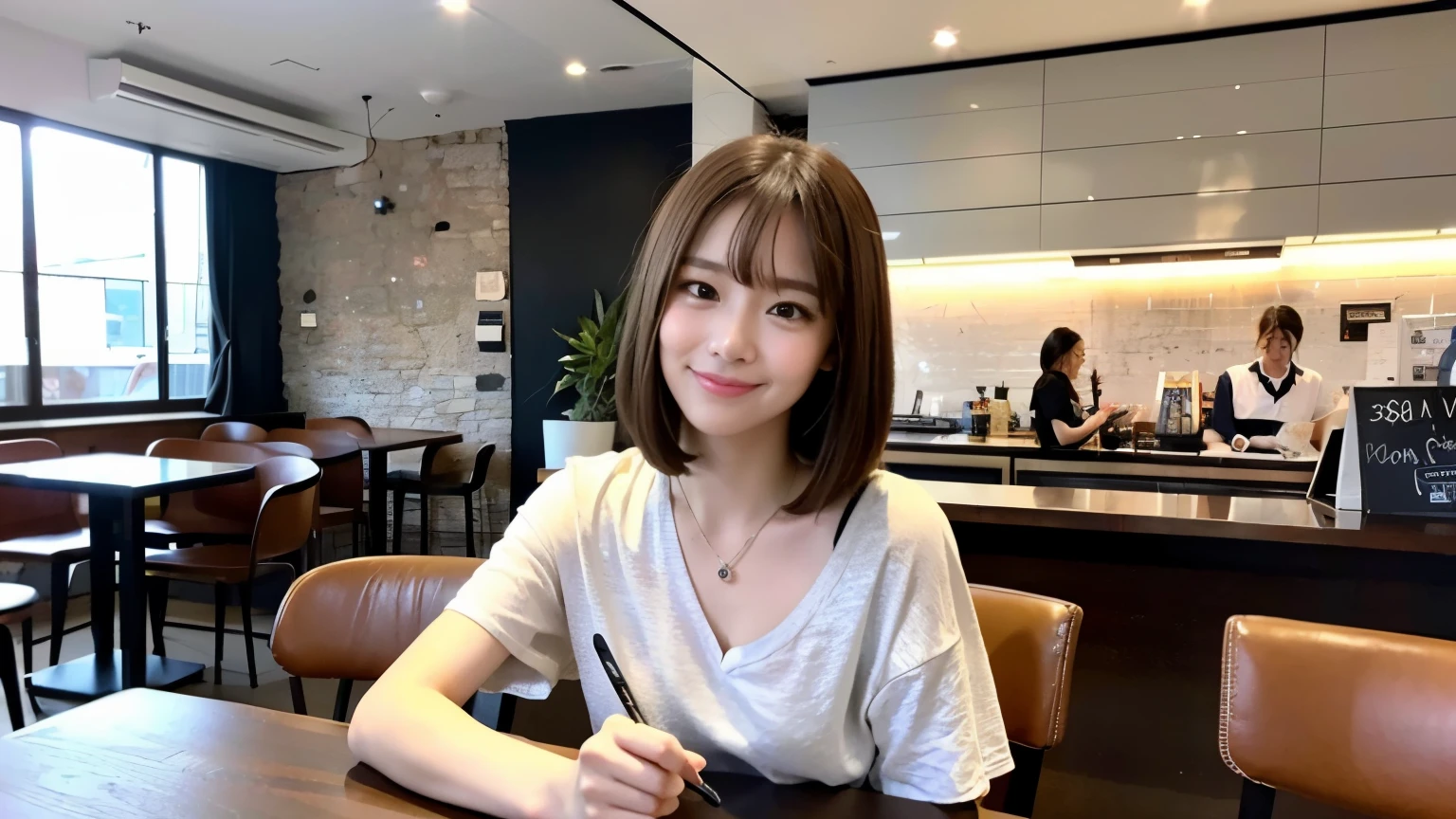 (最high quality、8k、32K、masterpiece:1.2)、A photo of a female college student who looks like a cute model、normal breasts、short bob hair、Upper body、face focus、refreshing white shirt、necklace、look at the audience、background a trendy coffee shop with a unique aesthetic and atmosphere. Incorporate elements like modern furniture, artistic decoration, and ambient lighting to enhance the ambiance. People who enjoy drinks々Consider including, engaging in conversation, or quietly working on laptops. Let your creativity flow、In this chic café setting「stable diffusion」Let the idea come to life, I can see other customers enjoying themselves too...。At the back of the cafe、Staff are busy working at the counter.、Feel the liveliness of a city cafe, sharp focus, 1 girl, sexy 1.2, brown hair, With bangs, fine eyes, Beautiful eyes with slit length, double eyelid, (cat face), (cute Face), cute Smile, (close your mouth), (cute), soft skin, surreal, Super detailed, high quality, (A caring and kind female college student), ((詳細な非常にcute女子大生)), The season is spring