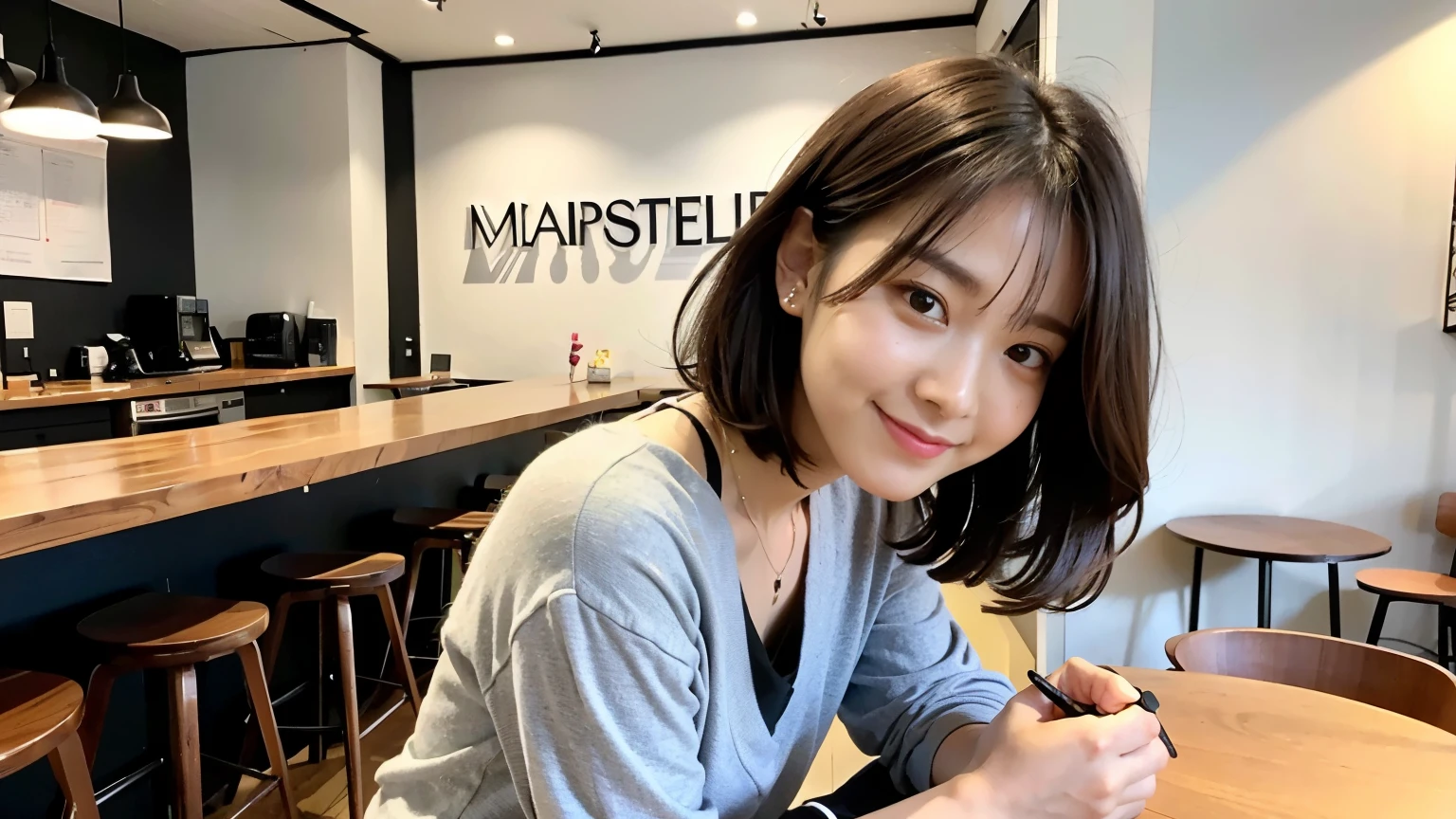 (最high quality、8k、32K、masterpiece:1.2)、A photo of a female college student who looks like a cute model、normal breasts、short bob hair、Upper body、face focus、refreshing white shirt、necklace、look at the audience、background a trendy coffee shop with a unique aesthetic and atmosphere. Incorporate elements like modern furniture, artistic decoration, and ambient lighting to enhance the ambiance. People who enjoy drinks々Consider including, engaging in conversation, or quietly working on laptops. Let your creativity flow、In this chic café setting「stable diffusion」Let the idea come to life, I can see other customers enjoying themselves too...。At the back of the cafe、Staff are busy working at the counter.、Feel the liveliness of a city cafe, sharp focus, 1 girl, sexy 1.2, brown hair, With bangs, fine eyes, Beautiful eyes with slit length, double eyelid, (cat face), (cute Face), cute Smile, (close your mouth), (cute), soft skin, surreal, Super detailed, high quality, (A caring and kind female college student), ((詳細な非常にcute女子大生)), The season is spring