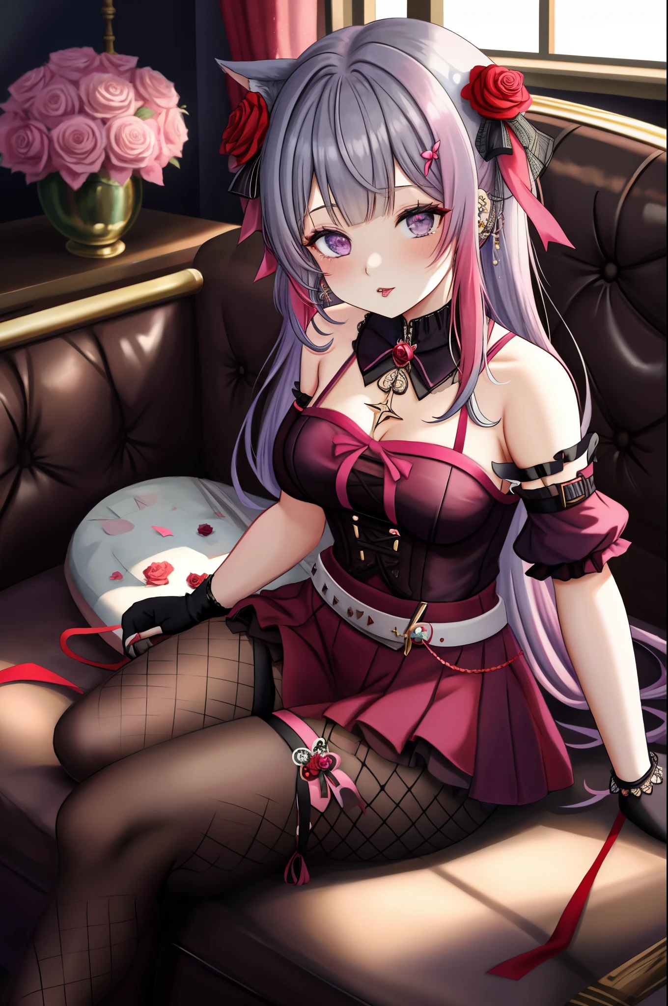 1girl,ahoge,bandaged_arm,bandages,bare_shoulders,belt,black_belt,black_gloves,couch,crossed_legs,ear_piercing,fishnet_pantyhose,fishnets,flower,gloves,grey_eyes,grey_hair,hair_ornament,heterochromia,highres,igarashi_rika,indoors,ishigami_nozomi,jewelry,kaburaki_roco,koshimizu_toru,kuramochi_meruto,looking_at_viewer,multicolored_hair,multiple_piercings,multiple_rings,myske_(myst34415756),nijisanji,on_couch,pantyhose,parted_lips,piercing,pink_eyes,pink_hair,red_flower,red_rose,red_thighhighs,ring,rose,shishido_akari,short_sleeves,single_glove,sitting, best quality, masterpiece, nai3