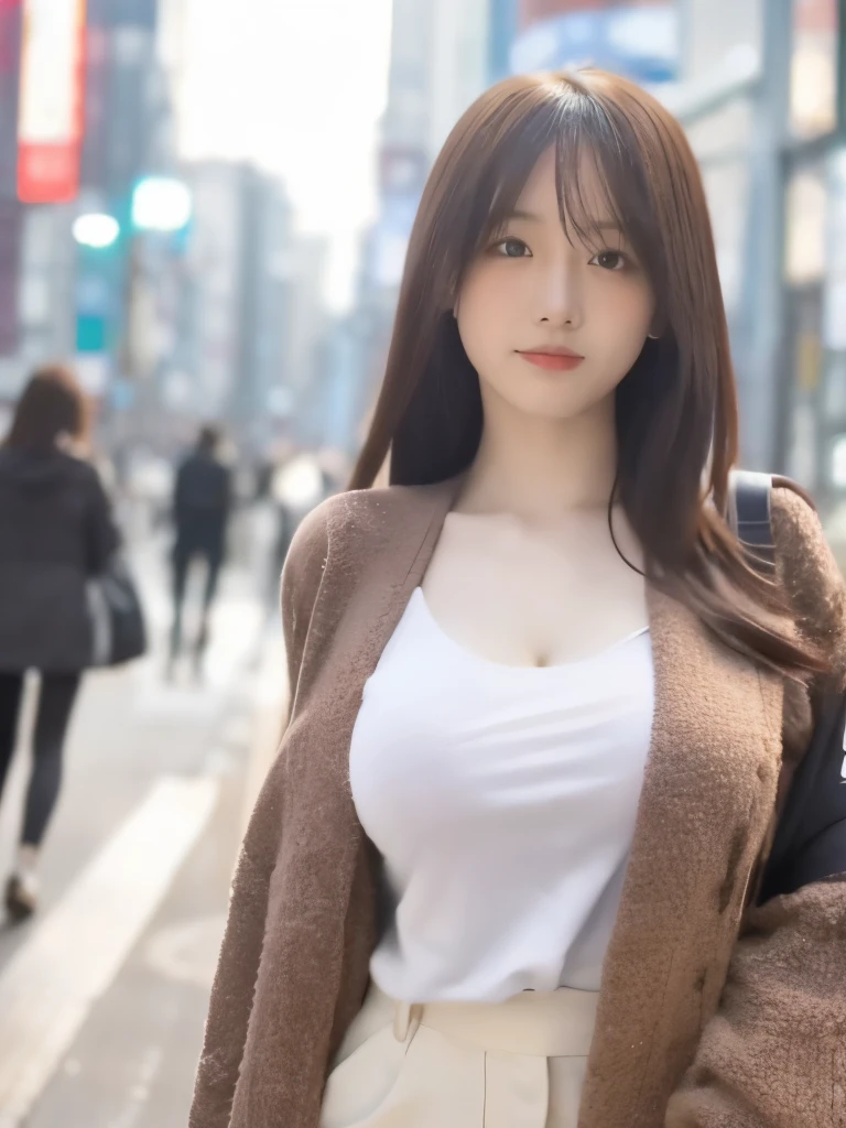 A close up of a woman in a white shirt and brown jacket - SeaArt AI