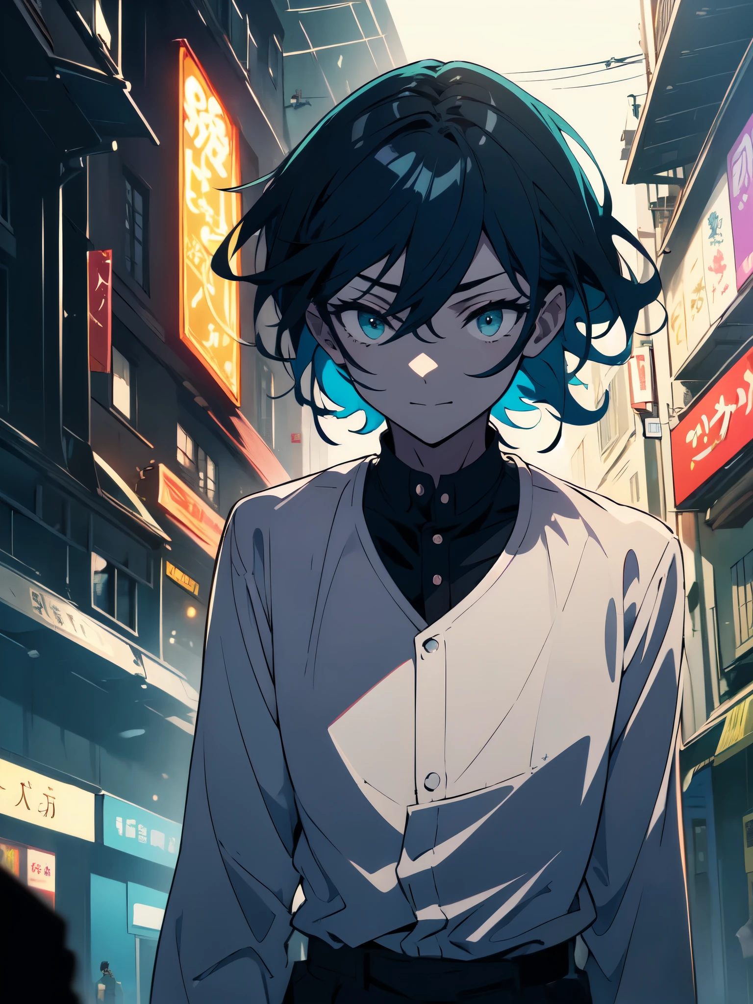 (masterpiece, highest quality)、(shining eyes), ((One young man)),(cool boy)、(dark blue hair,inner color)、Sea green eyes,serious expression, wicked smile,Upper body,line drawing,Unkempt short hair、messy hair、(messy hair、medium hair),white blazer,black t-shirt,expressionless eyes,((beautiful animeスタイル))、(dark and serious background),(dark back alley)、(downtown at night)、beautiful anime