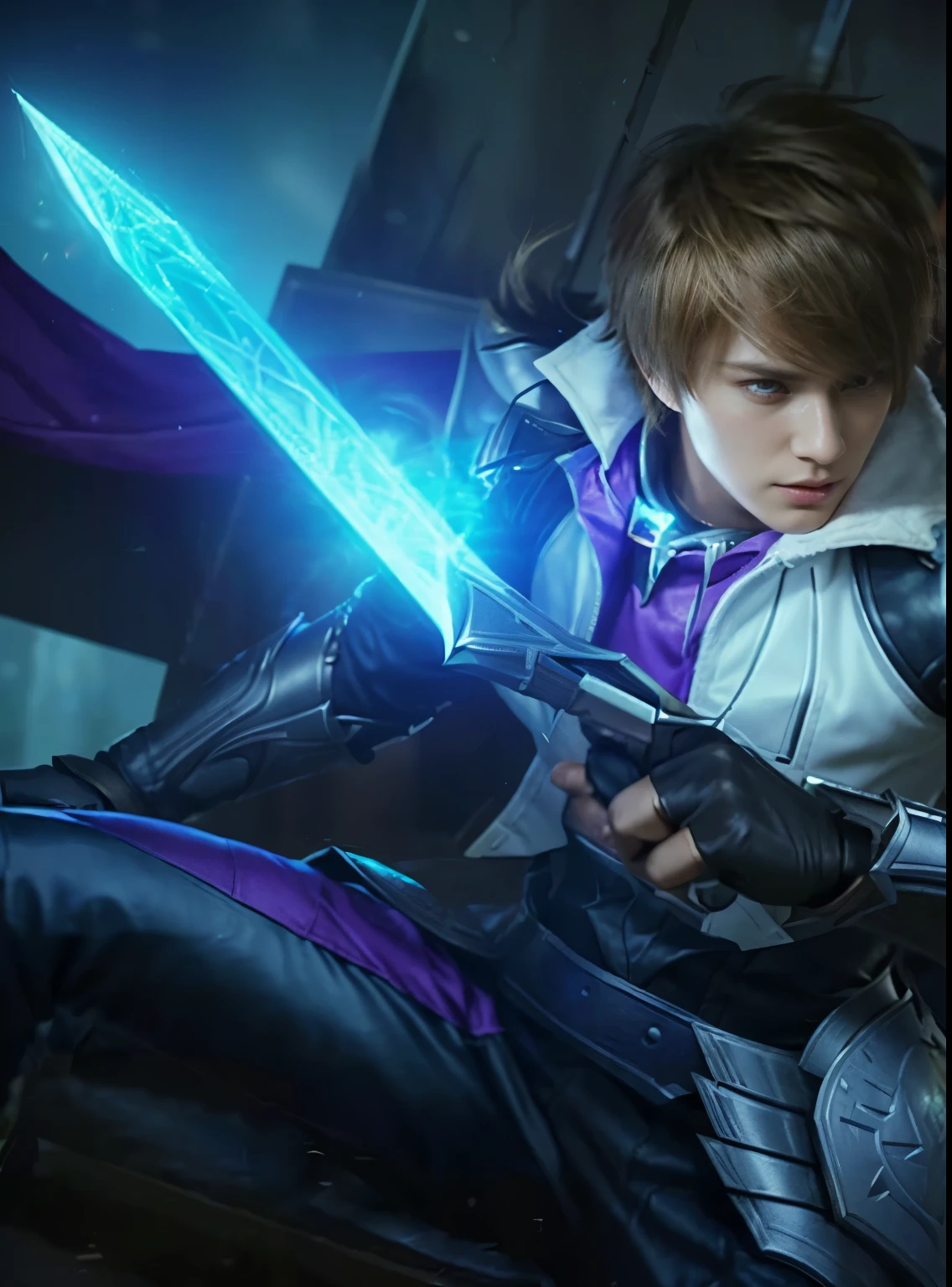 Extremely realistic, Ultra detailed, (A Man), 1boy, close up of a person holding a sword in a room, by Yang J, heise jinyao, by Ren Renfa, ezreal (league of legends, glaive, splash art, sakimichan, kda, mobile legends, sylas, leblanc, lance, league of legends character, sakimichan frank franzzeta, Realistic weapons, hyper realistic face, hyper realistic clothes and armor, ultra detailed hair, detailed background, hyper realistic background
