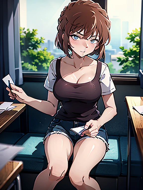 Ai Haibara, (hold an envelope to your chest)、classroom、after school、blush、short sleeve、shorts、UHD, retina, masterpiece, ccurate, anatomically correct, textured skin, super detail, high details, high quality, best quality, highres, 4K