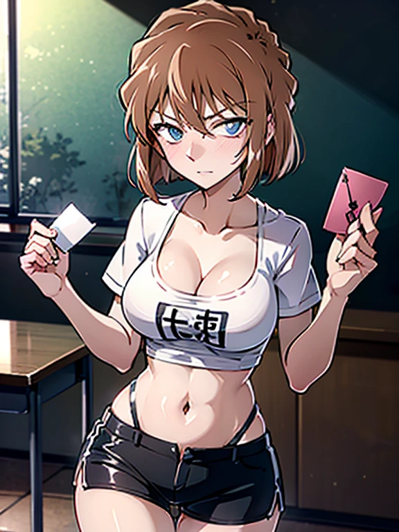 Ai Haibara, (hold an envelope to your chest)、classroom、after school、blush、short sleeve、shorts、UHD, retina, masterpiece, ccurate, anatomically correct, textured skin, super detail, high details, high quality, best quality, highres, 4K