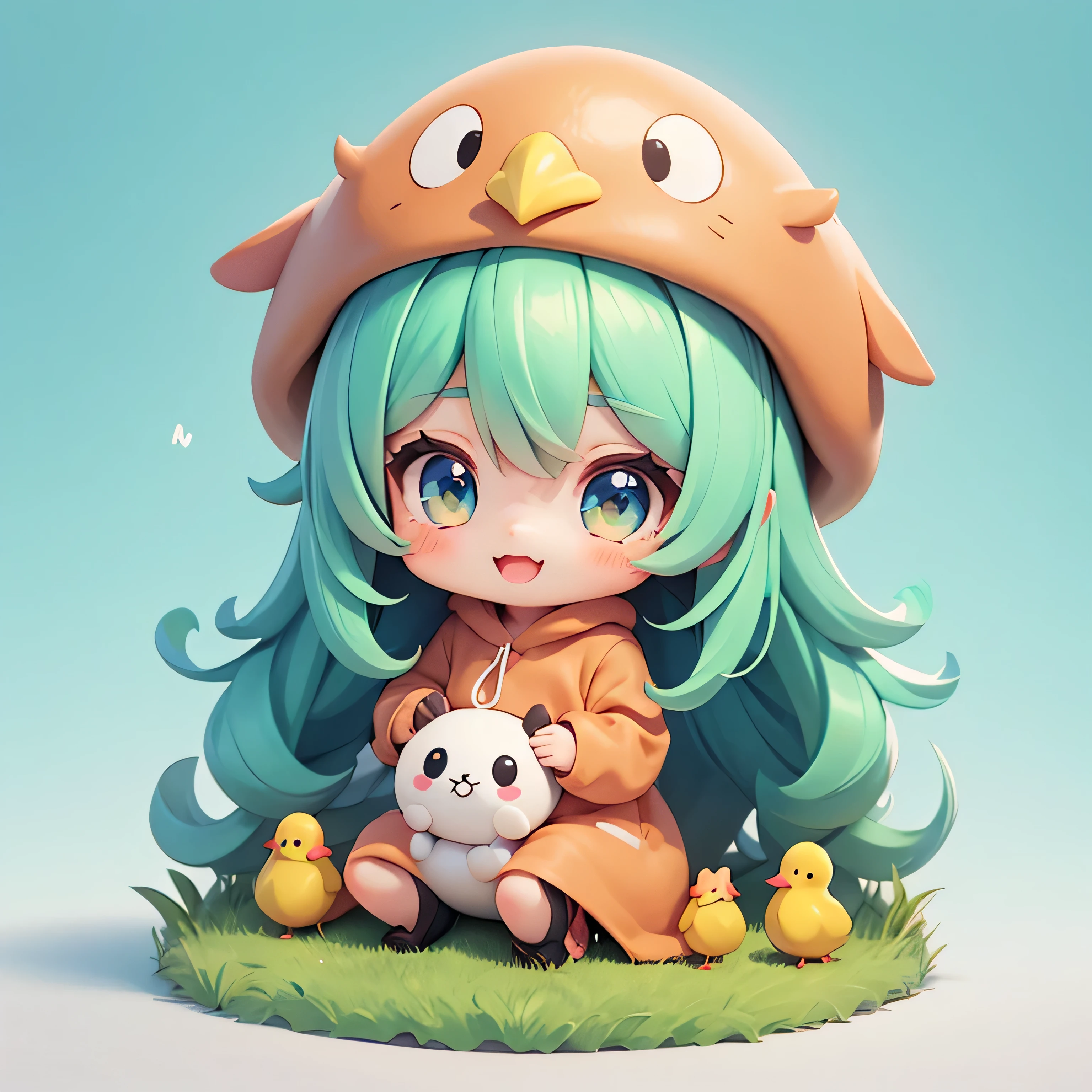 cartoon girl in a chicken costume with a hat and a hand, cute kawaii girl, kawaii chibi, cute art style, cute cartoon character happy very hard, cute character is sitting, kawaii cutest sticker ever, cute digital art, chibi girl, cute anime style, cute detailed digital art, anime chibi, cute anime girl, chibi anime girl, ruan cute vtuber, sticker illustration
