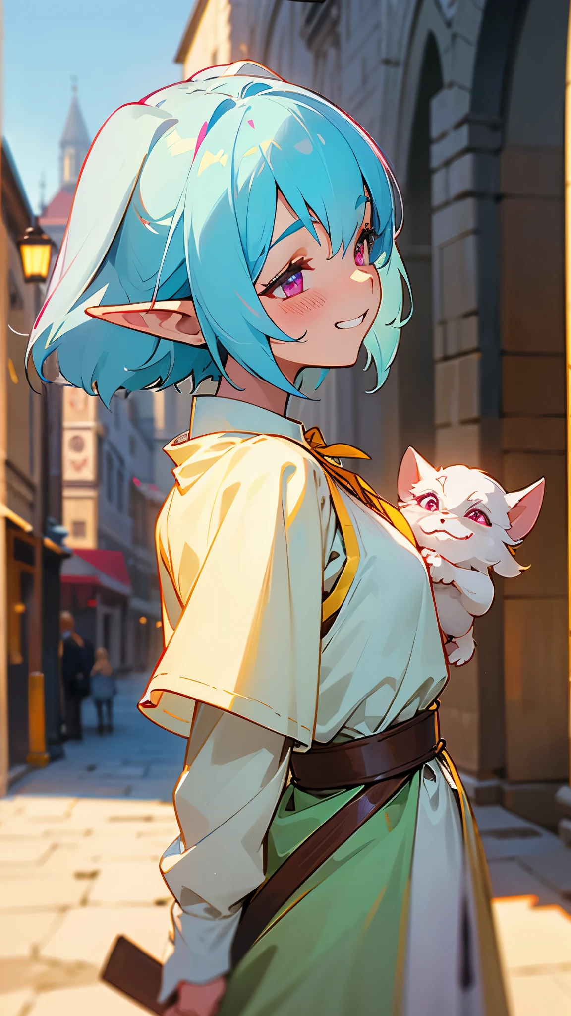 1girl、small breasts、angelic face, goblin, elf ears hair,、light blue hair、dog ears、pink eyes、grin、cute, yellow peasant tunic, Medieval, Medieval city background, bust portrait neck up, grin、From the side、painterly、sharp outline