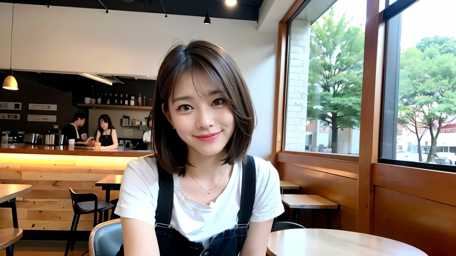 (最high quality、8k、32K、masterpiece:1.2)、A photo of a female college student who looks like a cute model、normal breasts、short bob hair、Upper body、face focus、refreshing white shirt、necklace、look at the audience、background a trendy coffee shop with a unique aesthetic and atmosphere. Incorporate elements like modern furniture, artistic decoration, and ambient lighting to enhance the ambiance. People who enjoy drinks々Consider including, engaging in conversation, or quietly working on laptops. Let your creativity flow、In this chic café setting「stable diffusion」Let the idea come to life, I can see other customers enjoying themselves too...。At the back of the cafe、Staff are busy working at the counter.、Feel the liveliness of a city cafe, sharp focus, 1 girl, sexy 1.2, brown hair, With bangs, fine eyes, Beautiful eyes with slit length, double eyelid, (cat face), (cute Face), cute Smile, (close your mouth), (cute), soft skin, surreal, Super detailed, high quality, (A caring and kind female college student), ((詳細な非常にcute女子大生)), The season is spring
